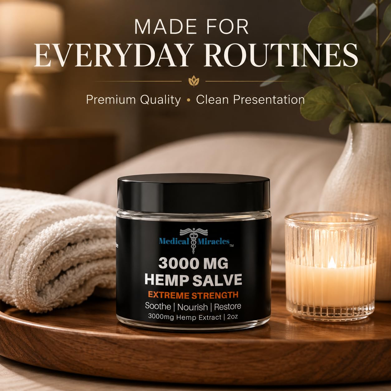 Medical Miracles hemp salve in a jar, designed for hips, joints, neck, and back pain relief with maximum strength formulation.