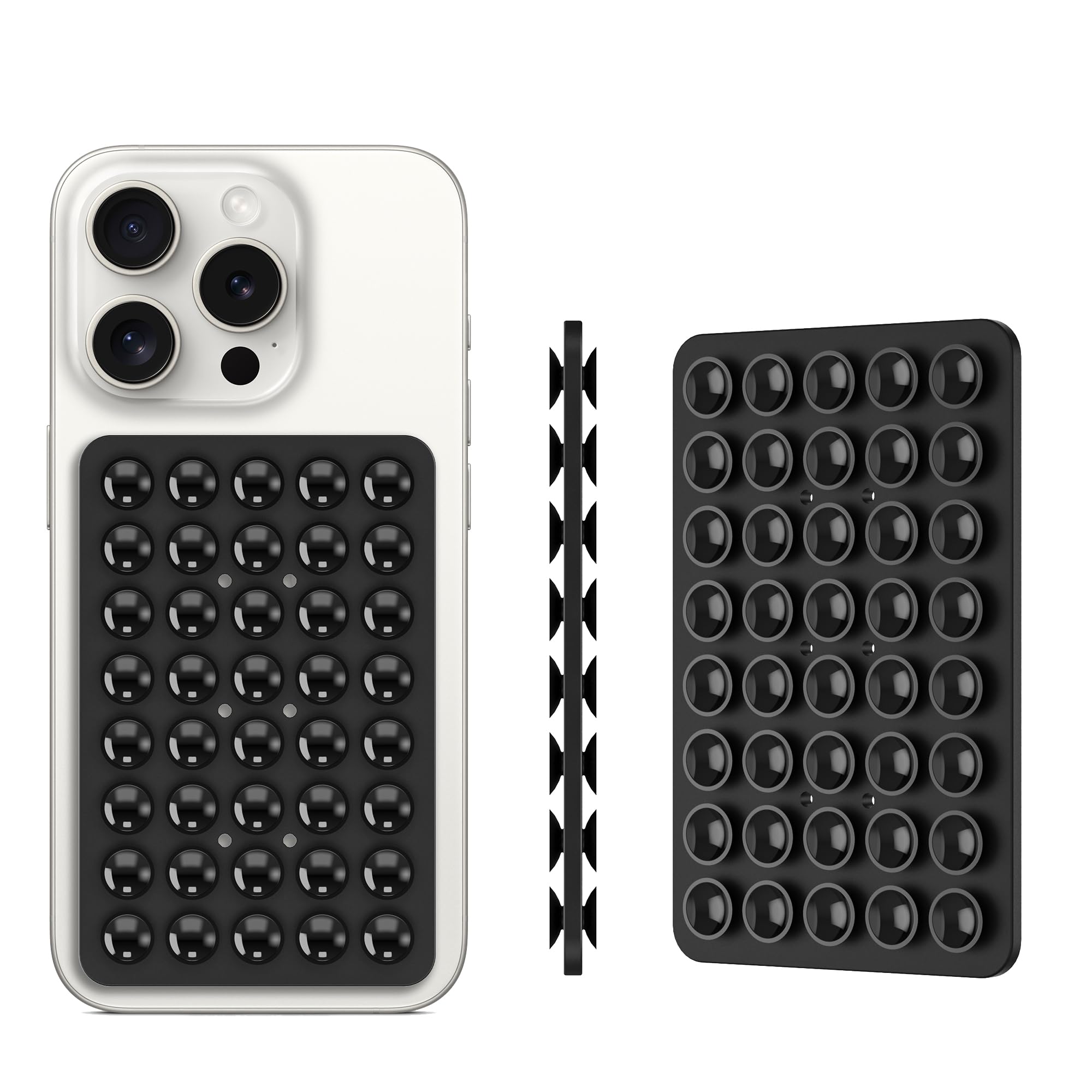 CMZZ double-sided silicone suction phone holder mount showing black and white silicone surfaces, compatible with iPhone and Android.