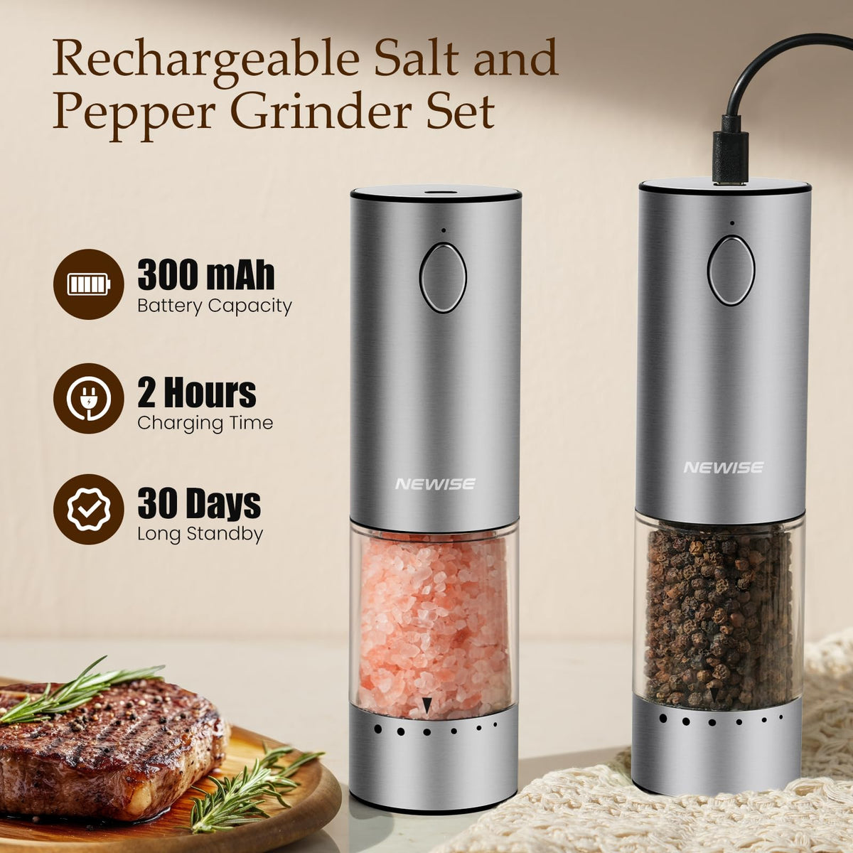 Electric Salt and Pepper Grinder Set Rechargeable Stainless - Newise Official Imagery - 5