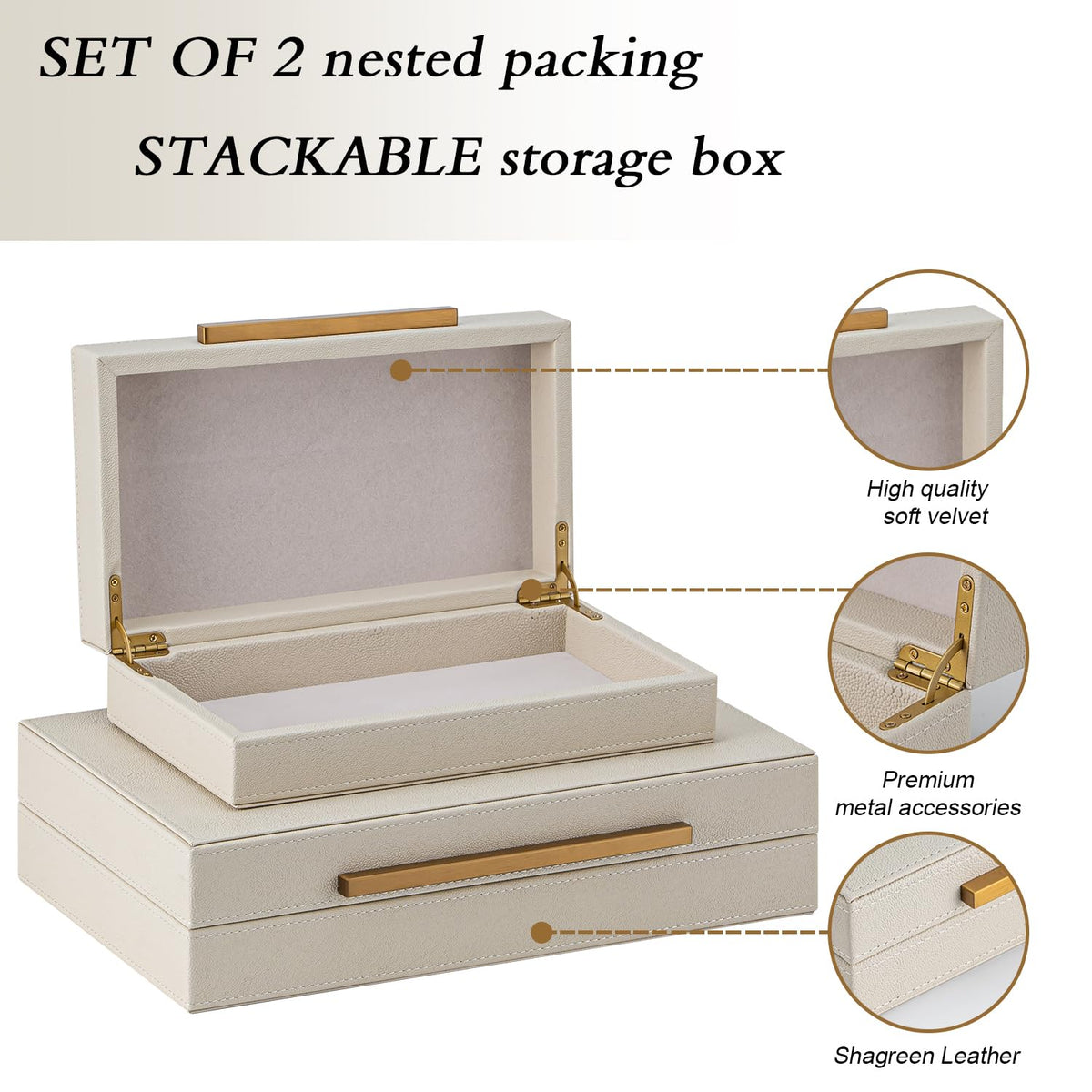 Set of 2 Beige Shagreen Decorative Storage Boxes with Gold - SYYSY Official Imagery - 4