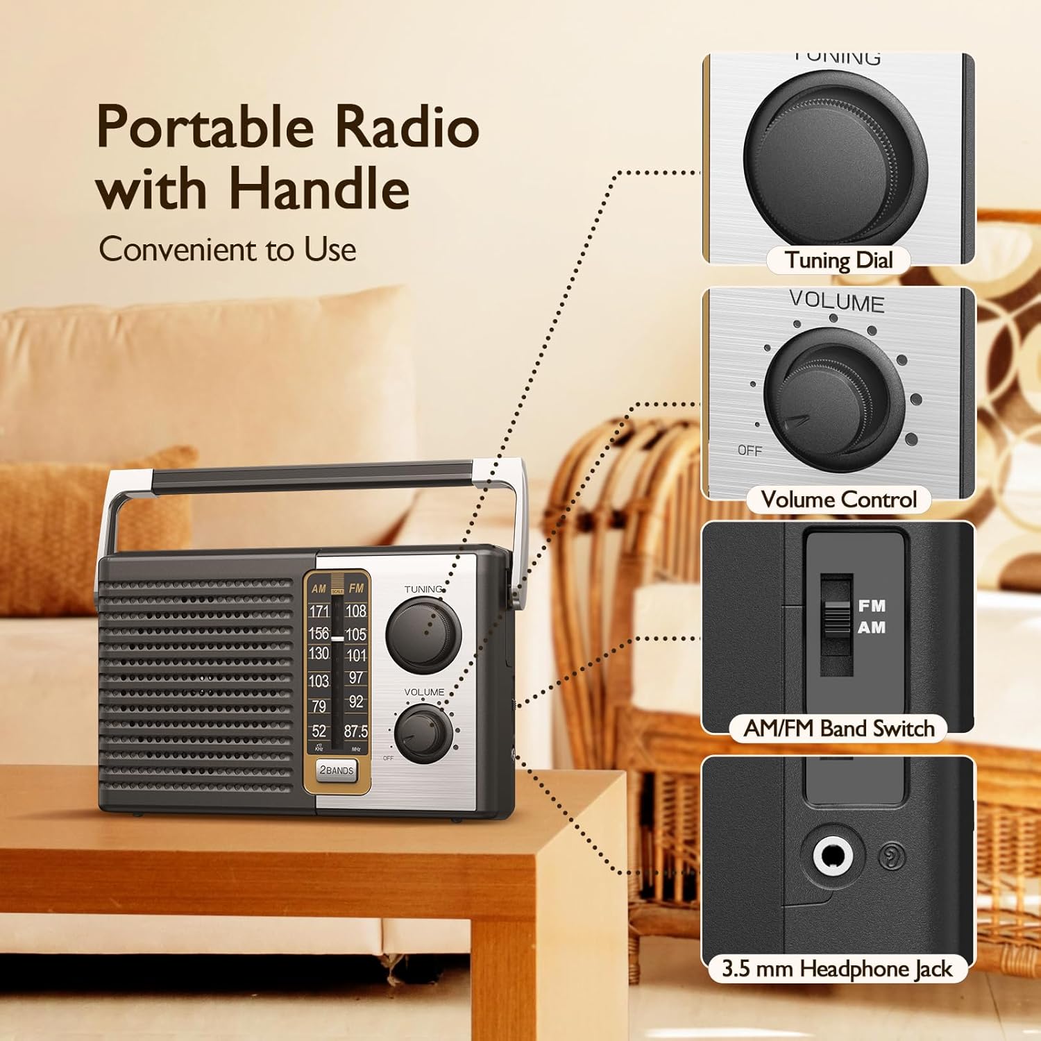 Yewrich portable AM FM transistor radio with antenna, battery operated, compact design, and good reception for on-the-go listening.