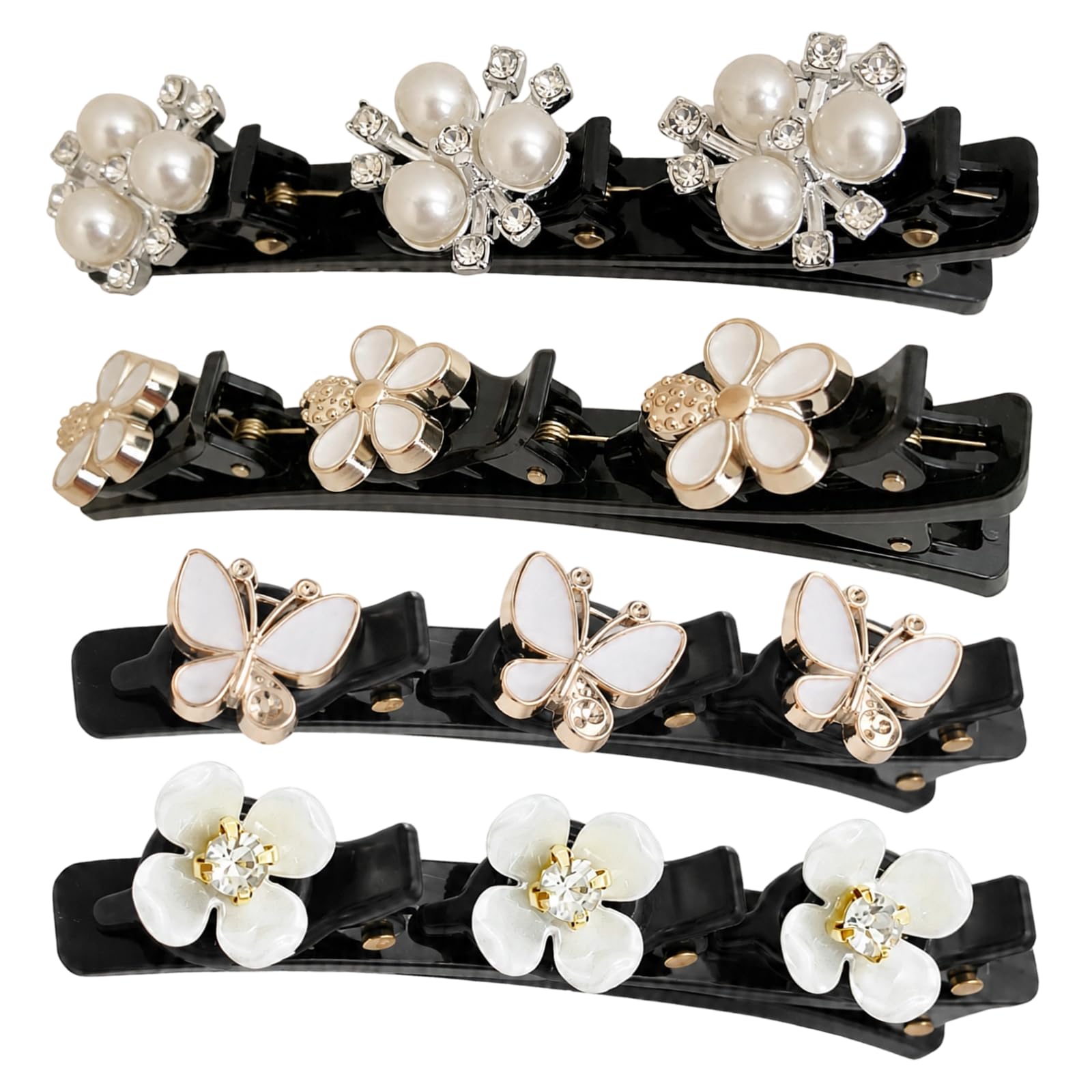 4 Pcs Rhinestone Twisted Hair Clips, 3.5 in / 9 cm Decorative Pearl Clip and Duckbill Hairpins, Crystal Flower Double Layer Hair Clips for Weaving Bangs and Styling Hair