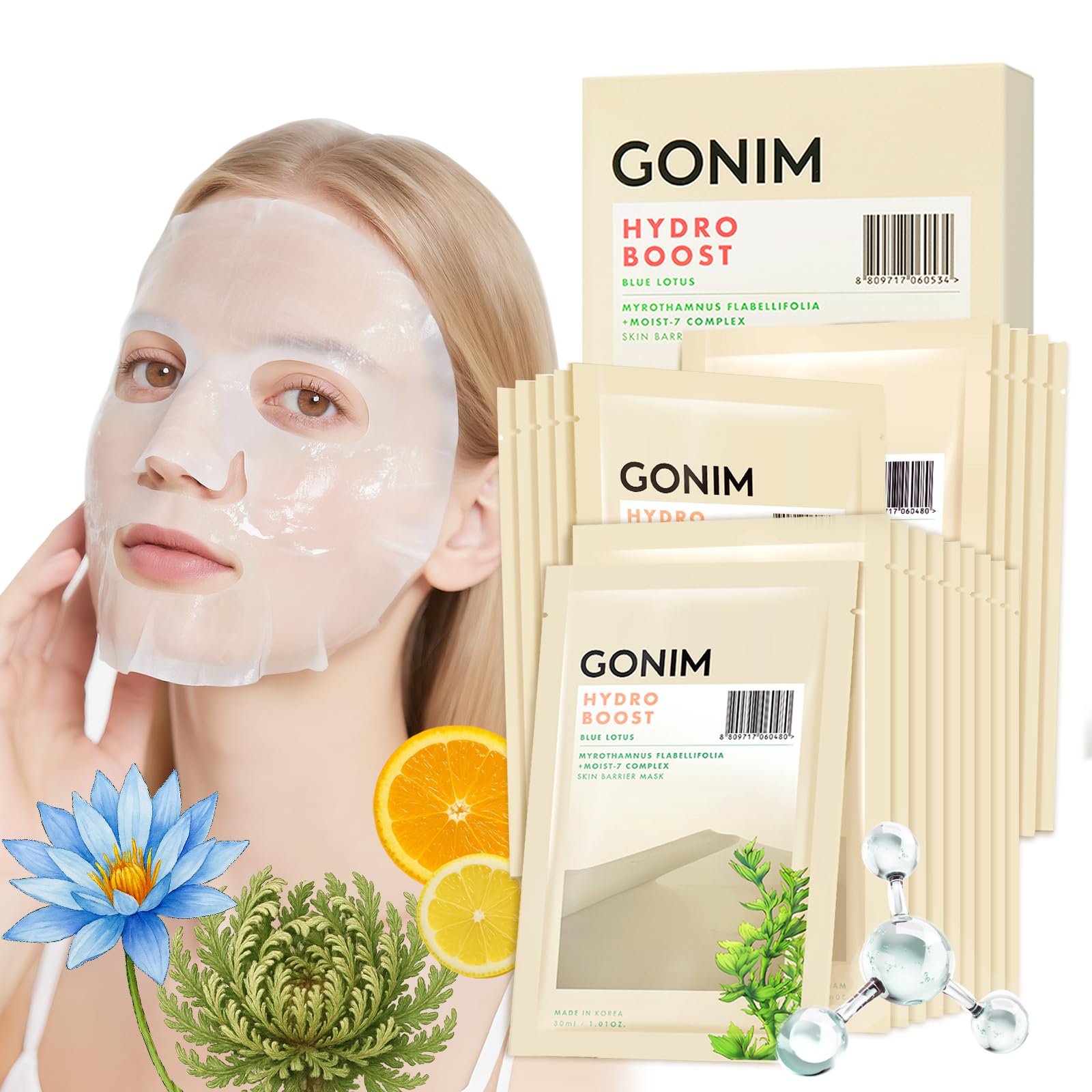 Korean Face Mask, Hydrating Sheet Mask with Hyaluronic Acid Serum - GONIM