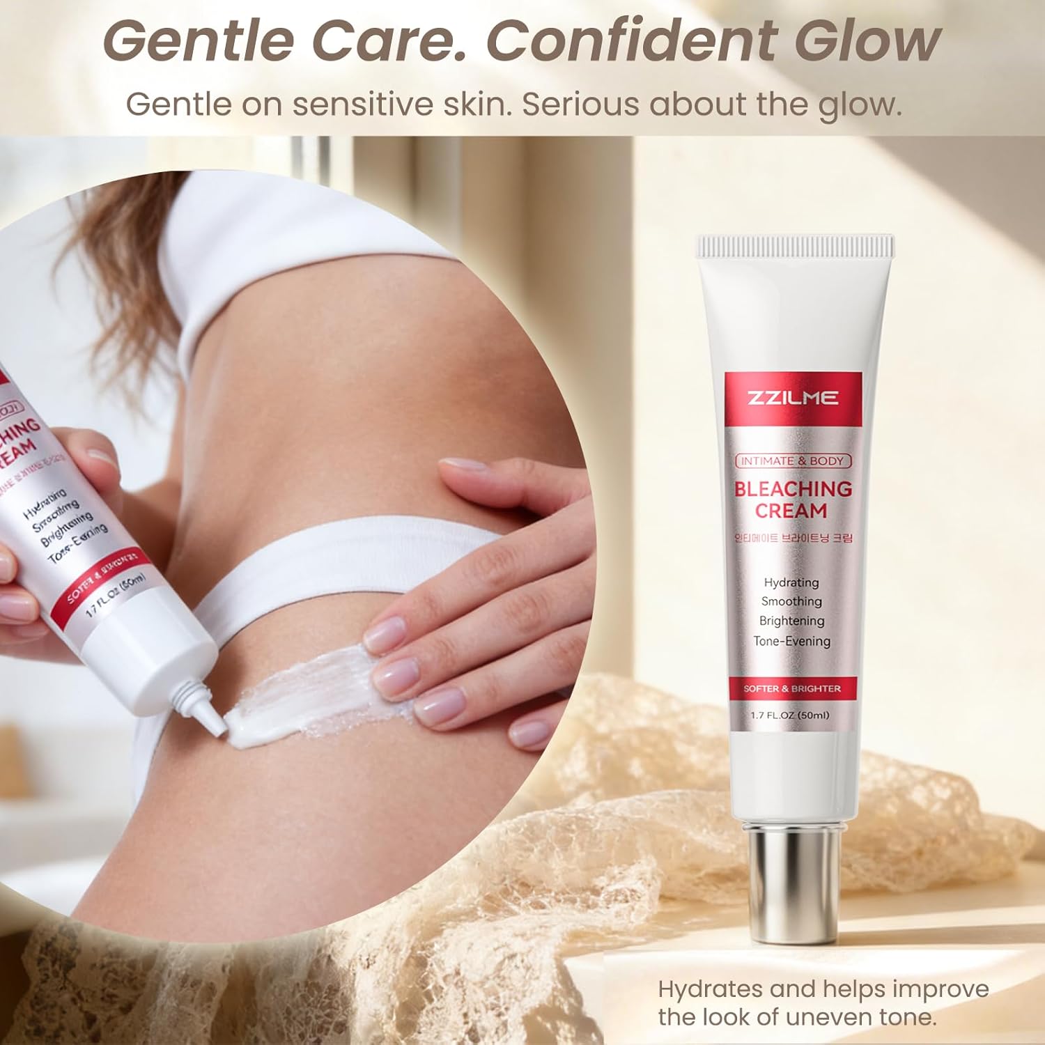 ZZILME Intimate Brightening Body Cream for women, hydrating underarms and bikini area, smooth and luminous skin.