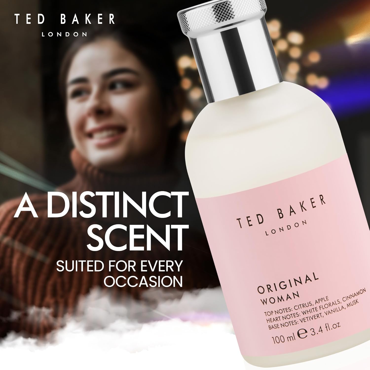 Ted Baker pink floral and fruity women’s Eau de Toilette with peach and bergamot, featuring elegant perfume bottle and packaging.