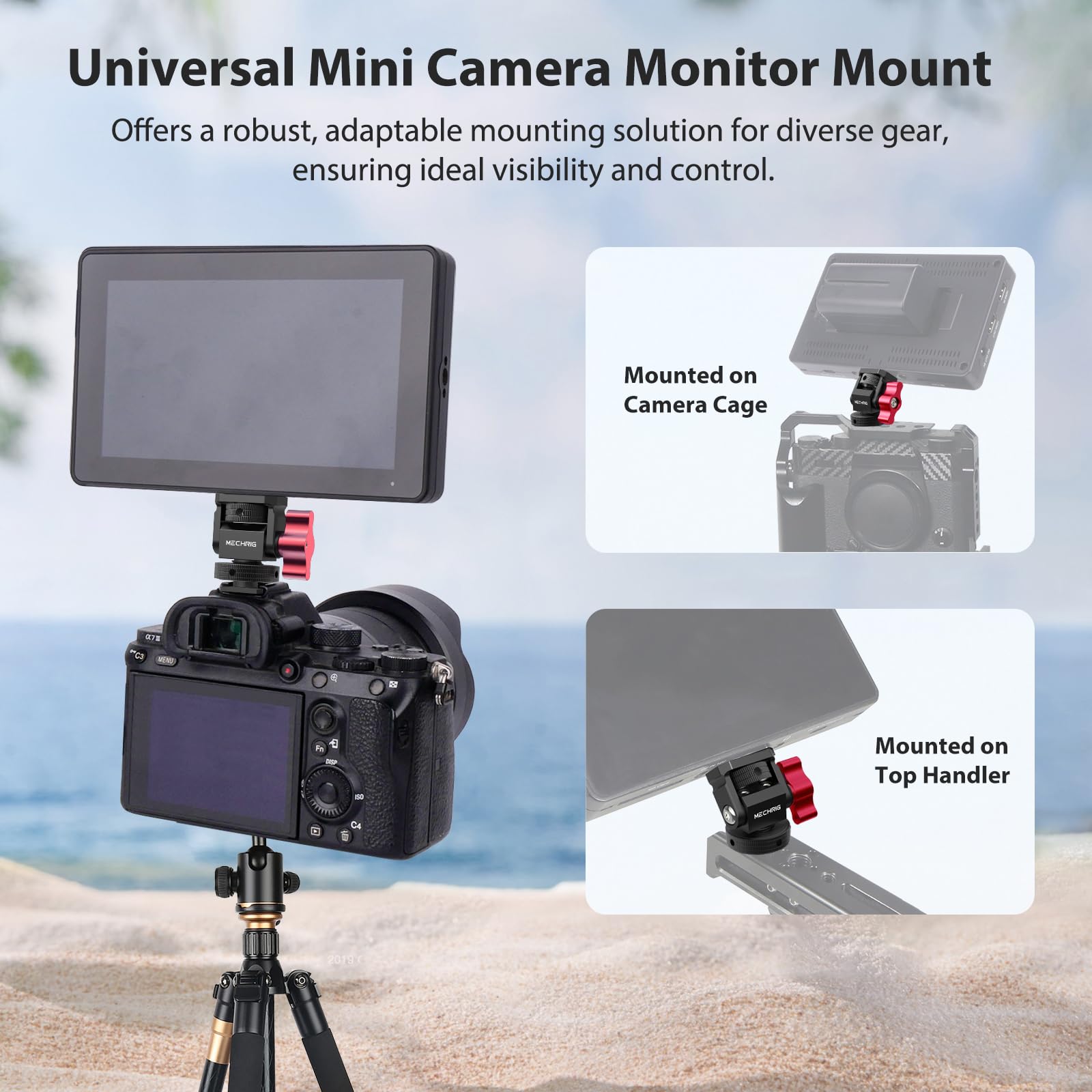 Mechrig mini camera monitor mount with cold shoe, aluminum bracket, 1/4″ screw, 360° swivel, 180° tilt for LED lights and mic cages.