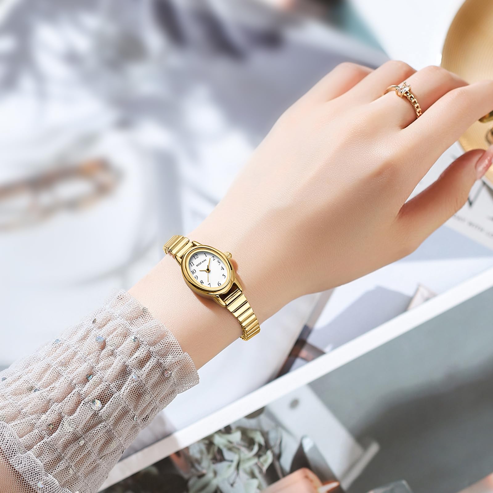 BOFAN Small Gold Watch Women Quartz Steel Band 6.1–6.9in