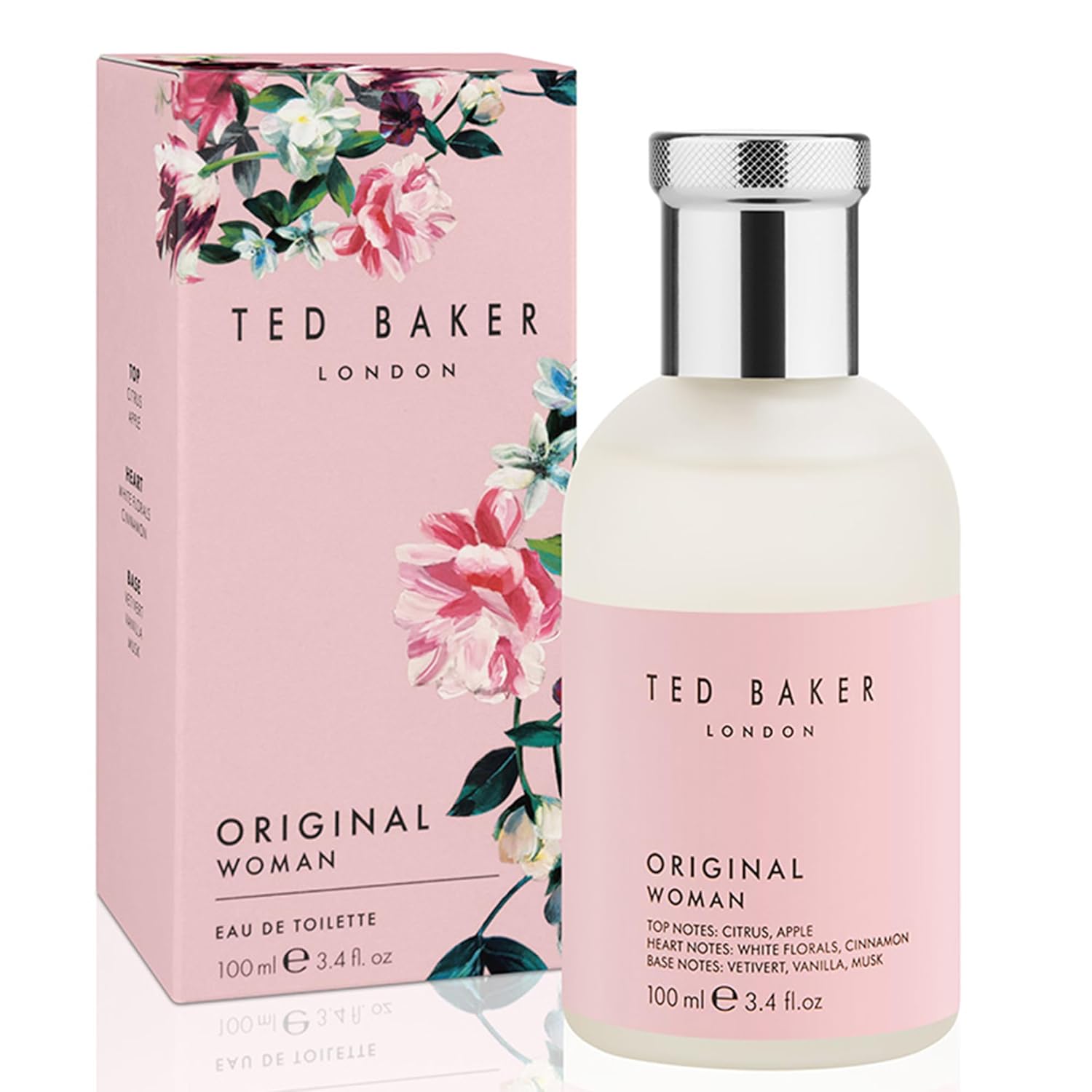Ted Baker women's pink floral and fruity Eau de Toilette with peach and bergamot, elegant perfume bottle.