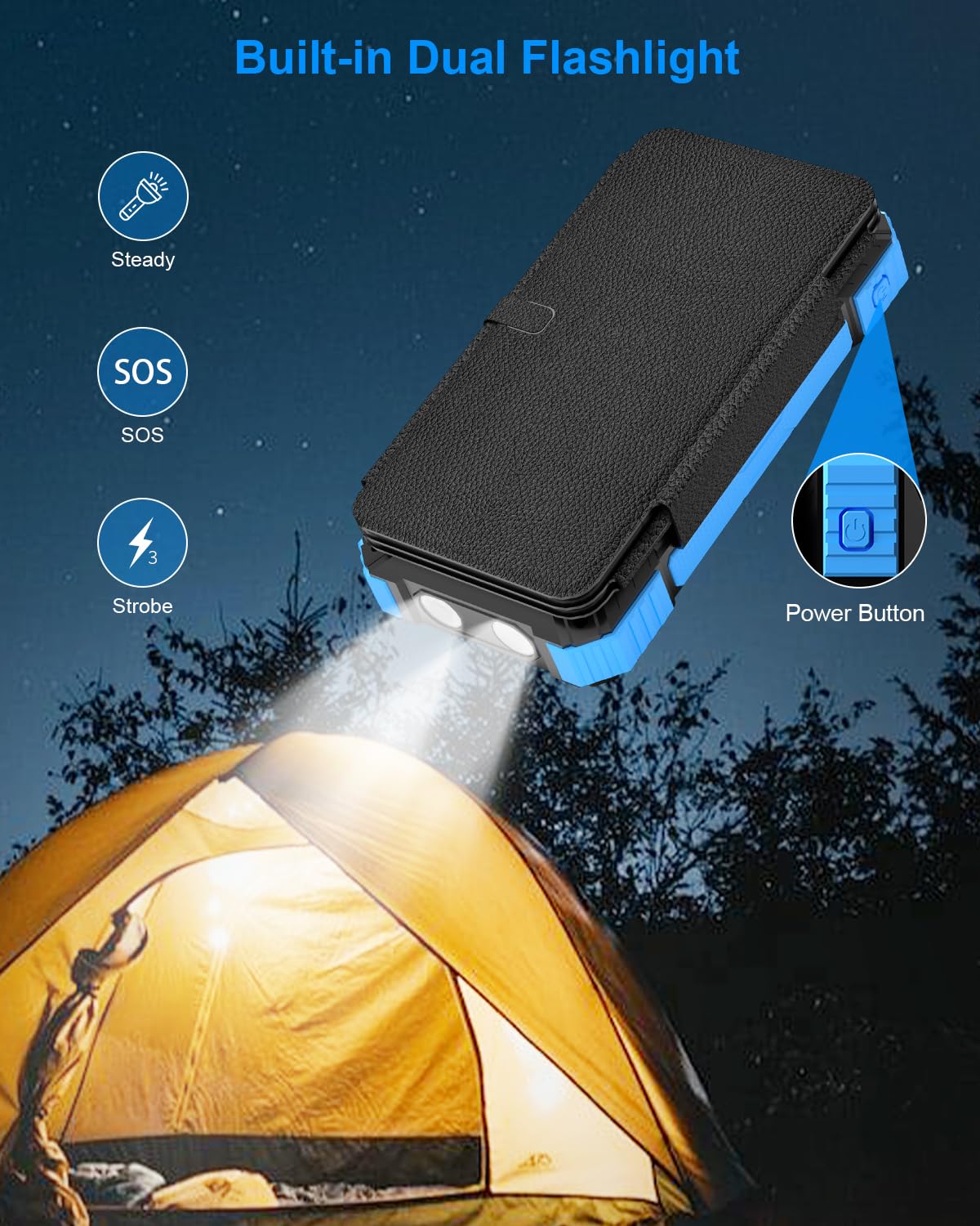 Black flashlight with built-in dual flashlight features illuminating a tent at night.