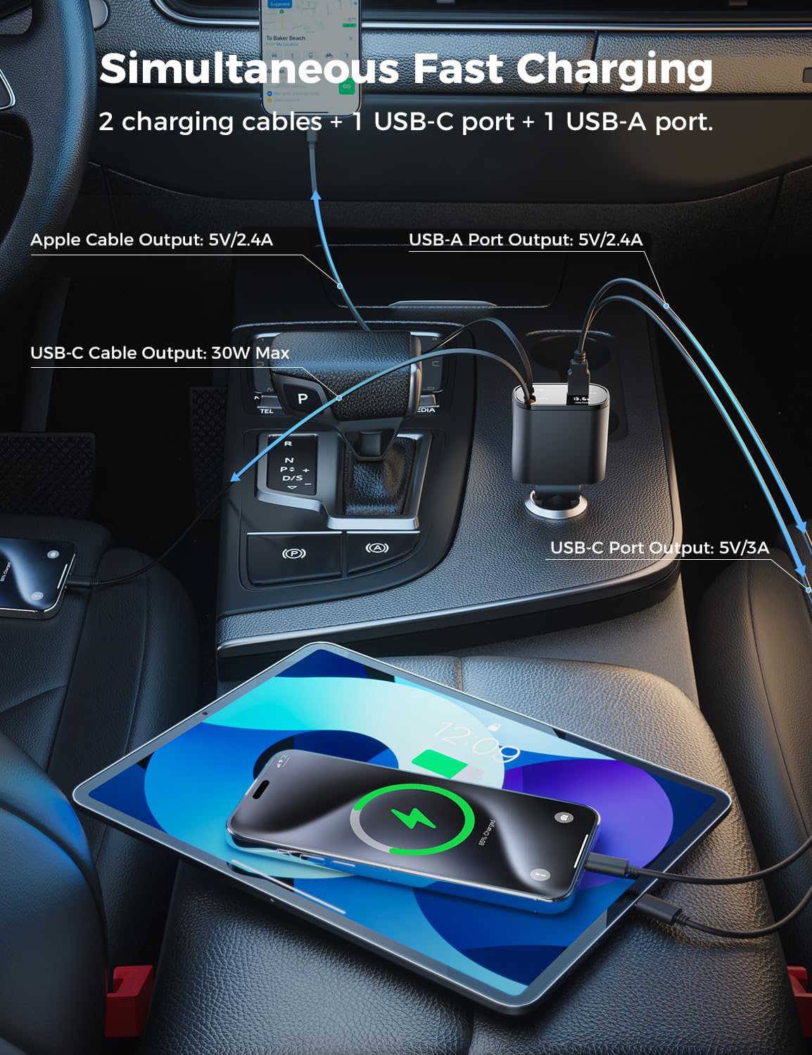SUPERONE Retractable Car Charger 4 in 1 Fast Phone Charger by SUPERONE - Angle View 5