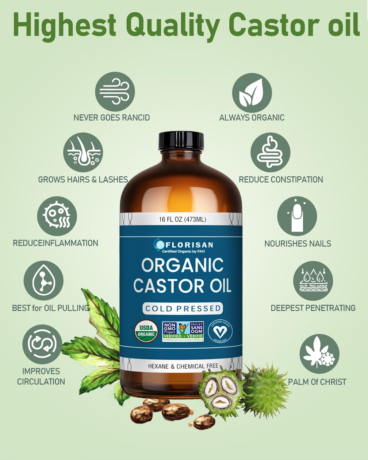 Florisan USDA Certified Organic Castor Oil 16oz Glass Bottle - Florisan Official Imagery - 6