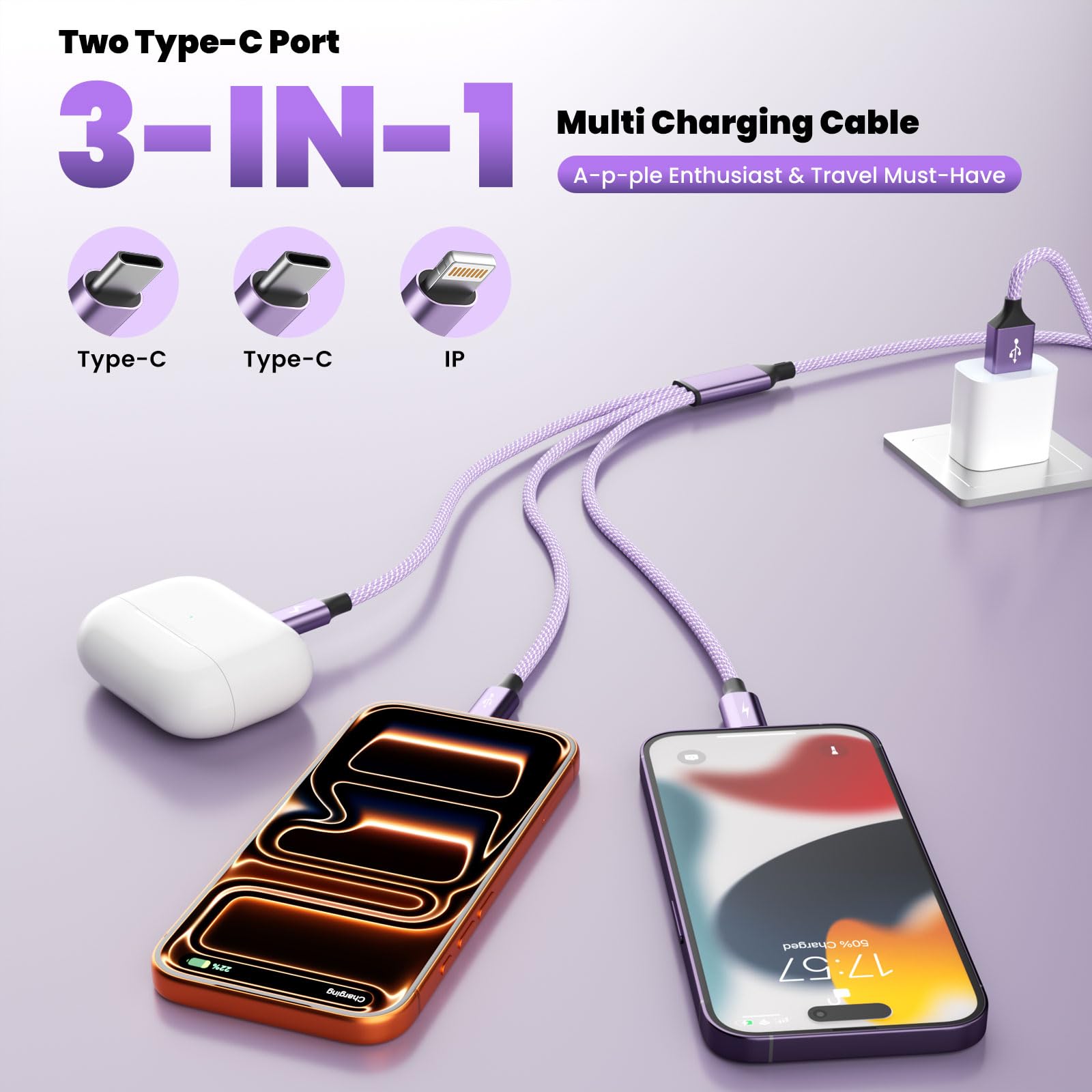 MPATIBY 3 in 1 USB Cable with 2 USB-C/IP, Multi Charging Cable fo - MPATIBY Official Product View 3