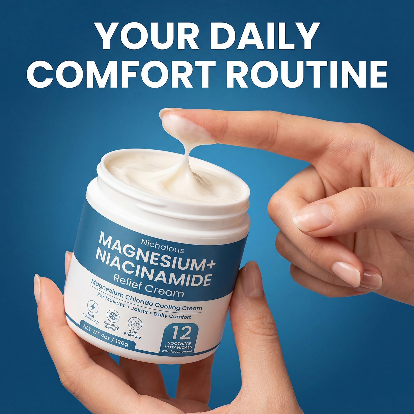 Cream jar of Nichalous Magnesium and Niacinamide Relief Cream, 4 oz, showing the product label and packaging.