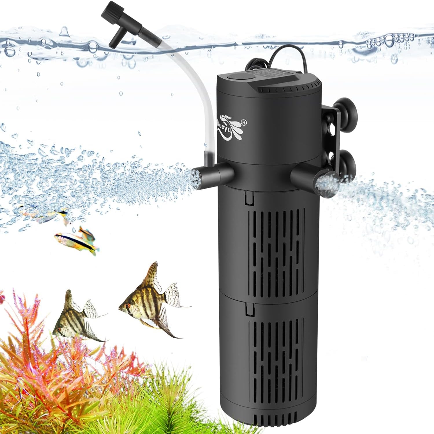 BlueYu 4-in-1 Aquarium Filter for 30-80 gallon fish tanks, showing multi-stage filtration system in clear view.