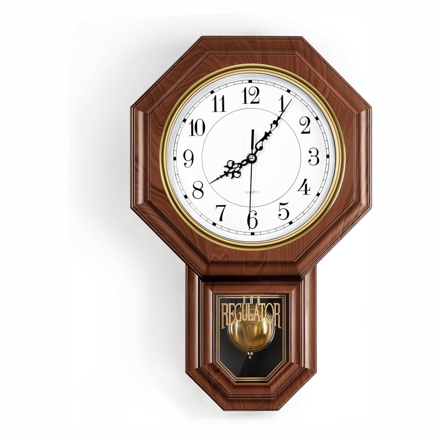 Battery-operated pendulum wall clock by KANEODOT featuring a wood-like plastic finish and classic regulator design.