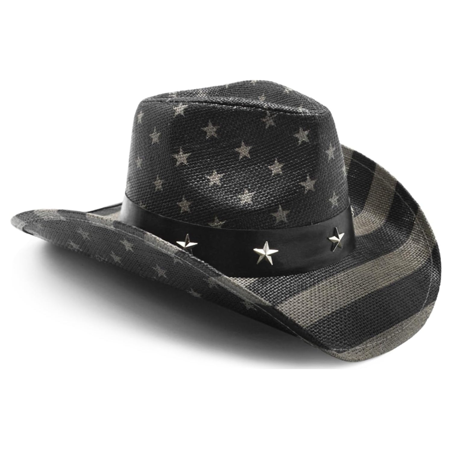 Vintage FLUFFY SENSE American flag cowboy hat with tea stain finish, classic Western style, wide brim, and patriotic design.