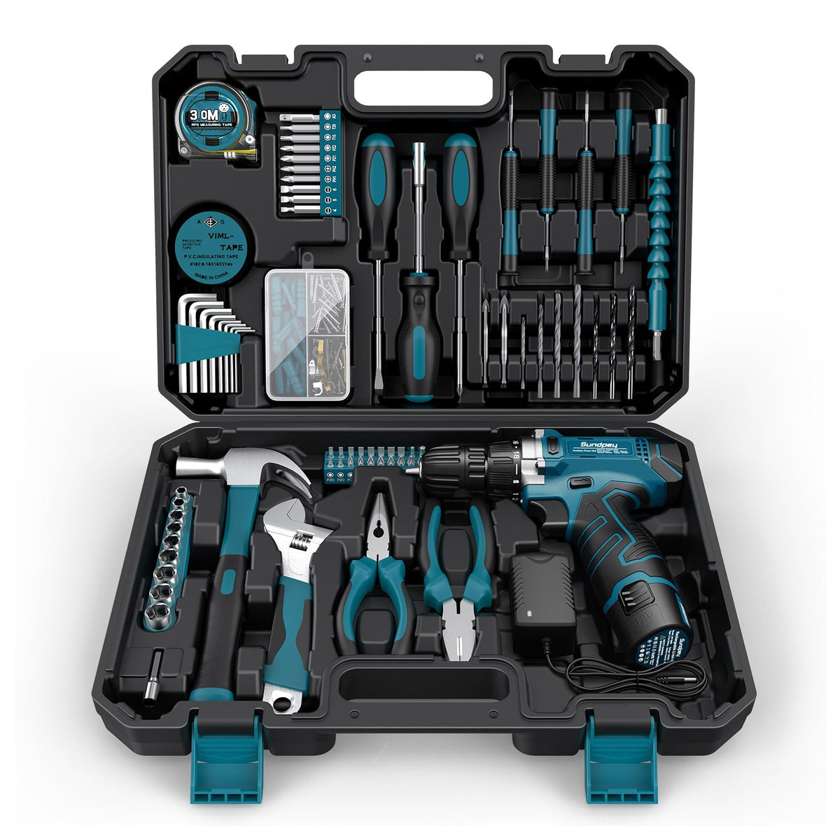 Sundpey 206PC Portable Basic Home Tool Kit Set with 12V - Sundpey Official Imagery - 1
