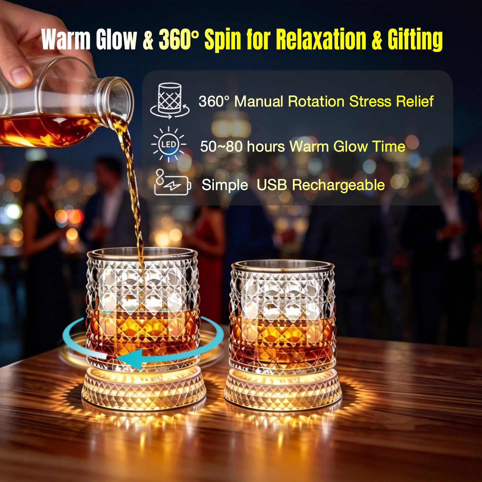 OPYAAON Rechargeable 2 Pack Fidget Spin Light Up Whiskey Glasses, - OPYAAON Official Product View 4