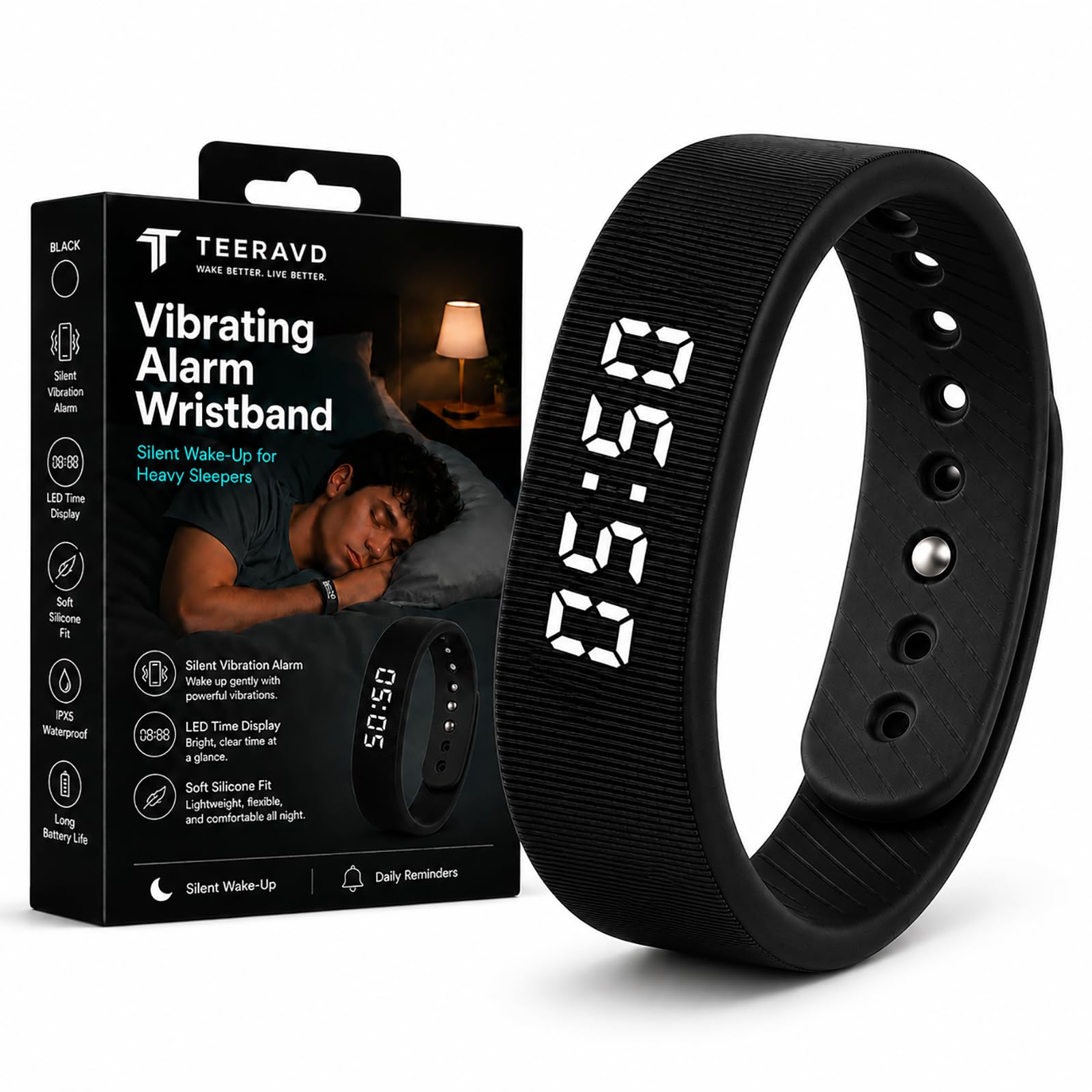 TEERAVD Vibrating Alarm Wristband Clock for Heavy Sleepers Wake Band W - View 1