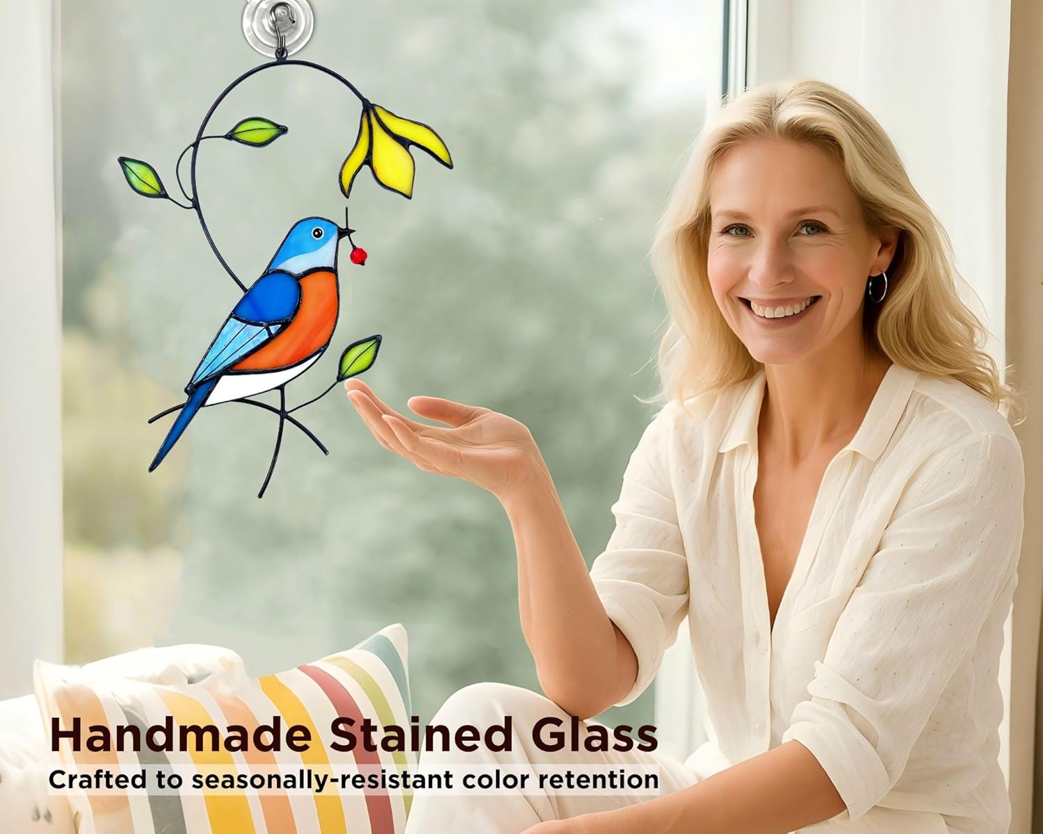 Bluebird flower stained glass window hanging by AuroAura, featuring vibrant bluebird and floral design for home decor.