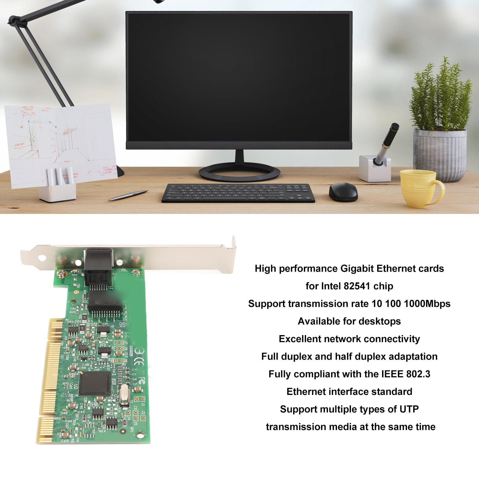 CCYLEZ PCIe Gigabit Ethernet server adapter with RJ45 copper port, 10/100/1000Mbps data transfer, compatible with Linux and DOS systems.