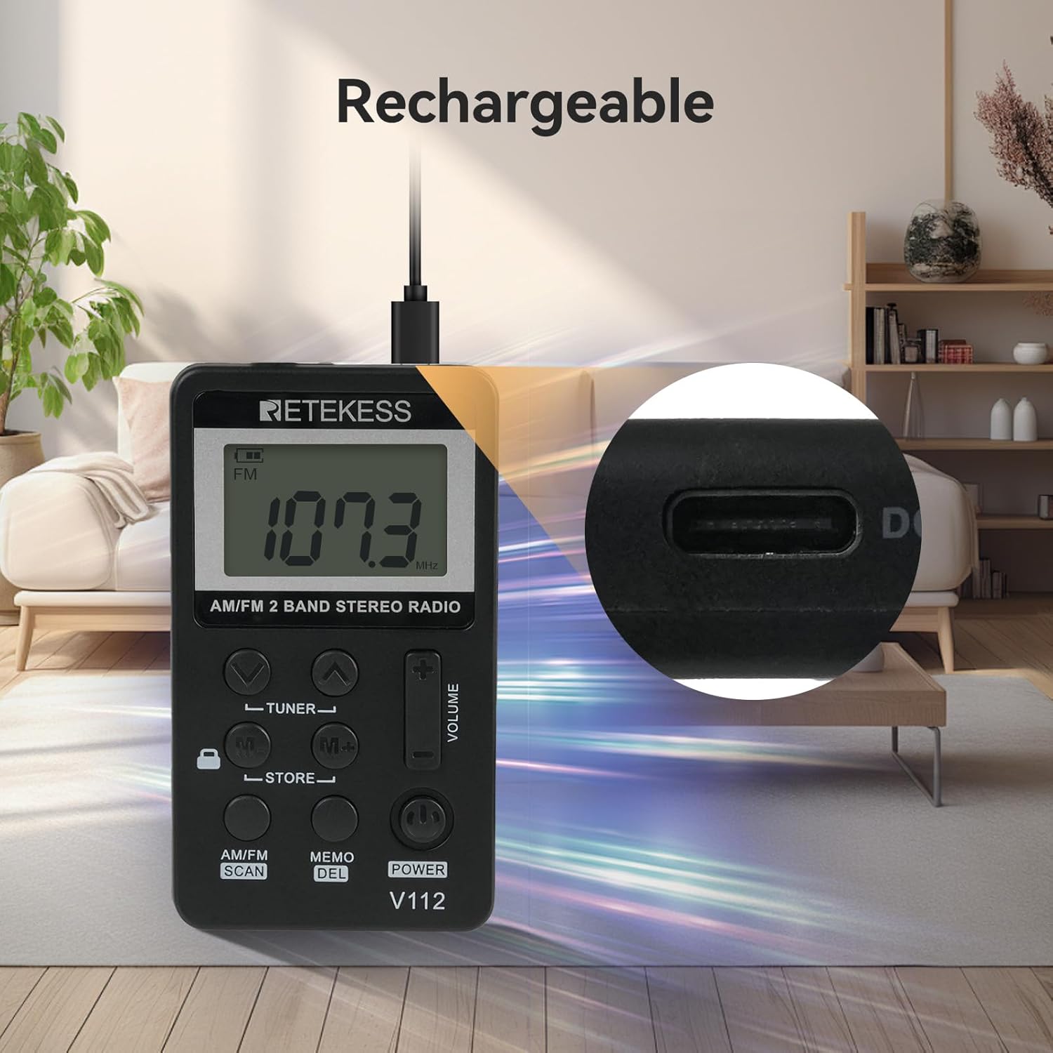 Retekess V112 AM FM pocket radio in black with LCD display, earphone, rechargeable battery, ideal for walking and jogging.