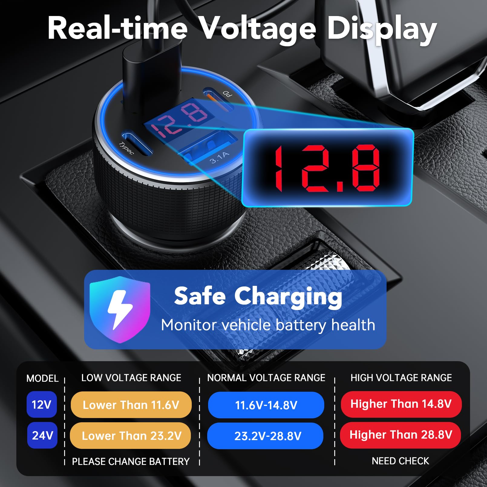 AGEK Car Charger USB C Fast Charge, 4 Port 78W Metal Car Phone Ch by AGEK - Angle View 3