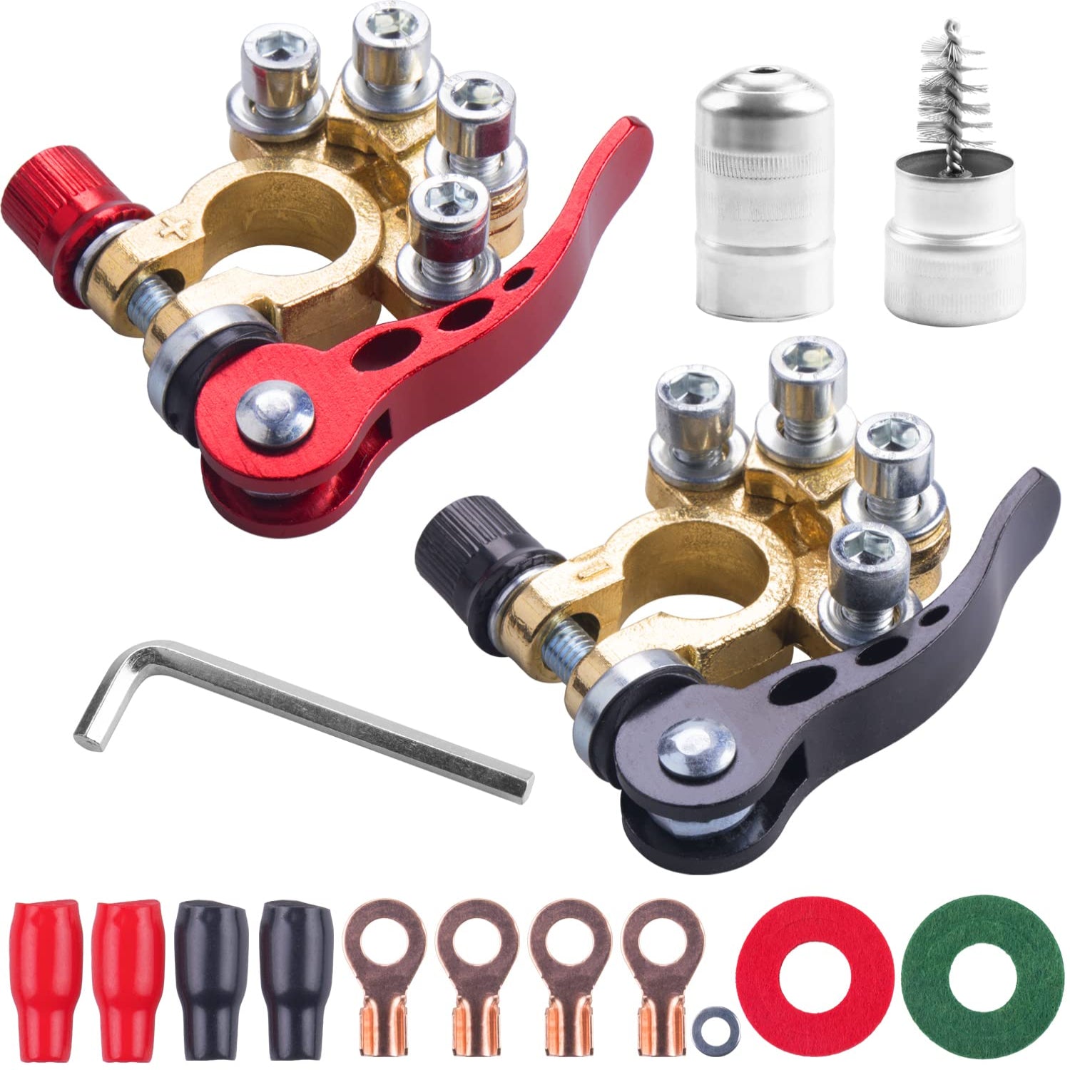 JINGKE battery terminal clamp connectors, 2-pack, with 4-way quick release disconnects for automotive or motorcycle batteries