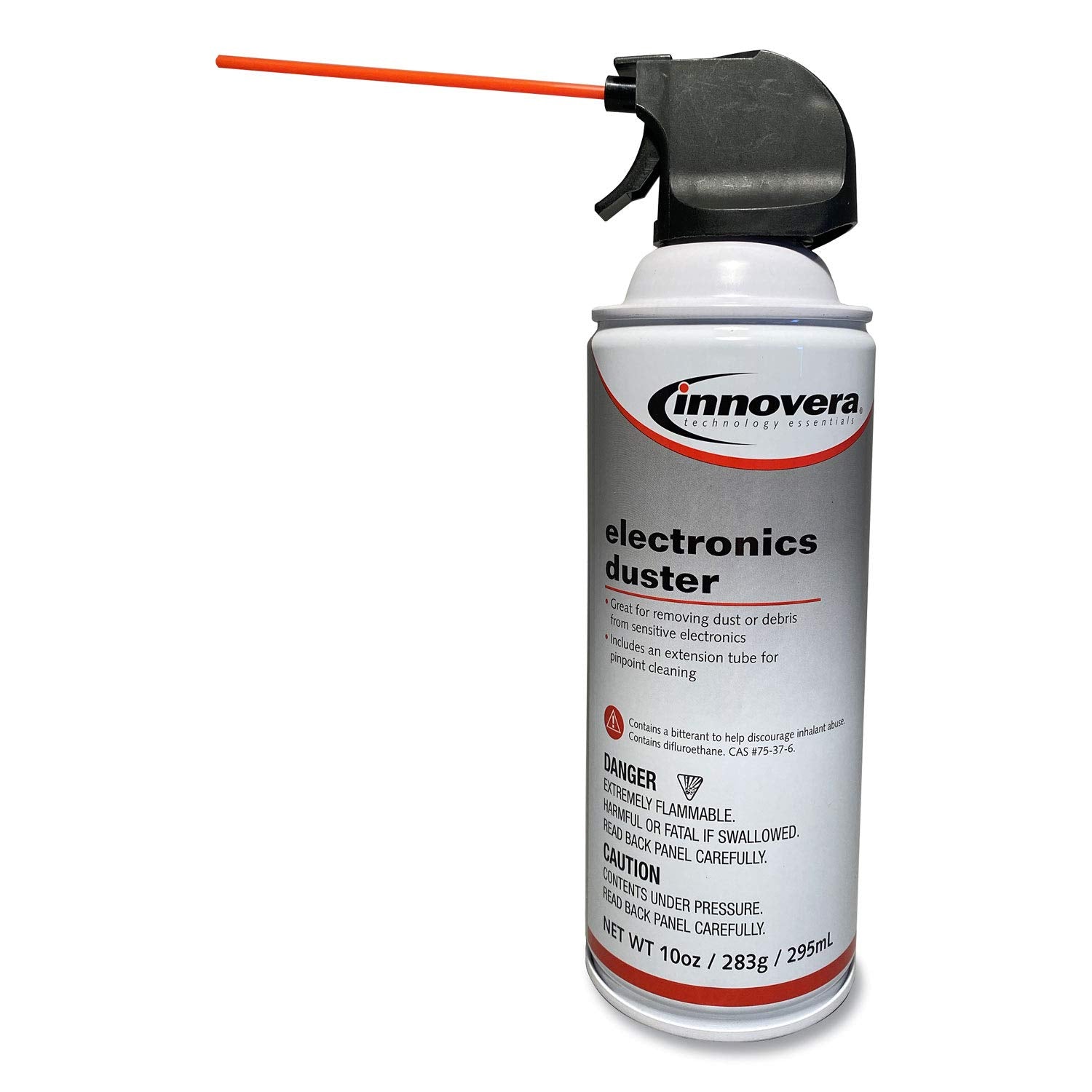 Innovera IVR10012 10 oz. compressed air duster cleaner can, shown in a two-pack, used for dusting electronics and delicate surfaces.