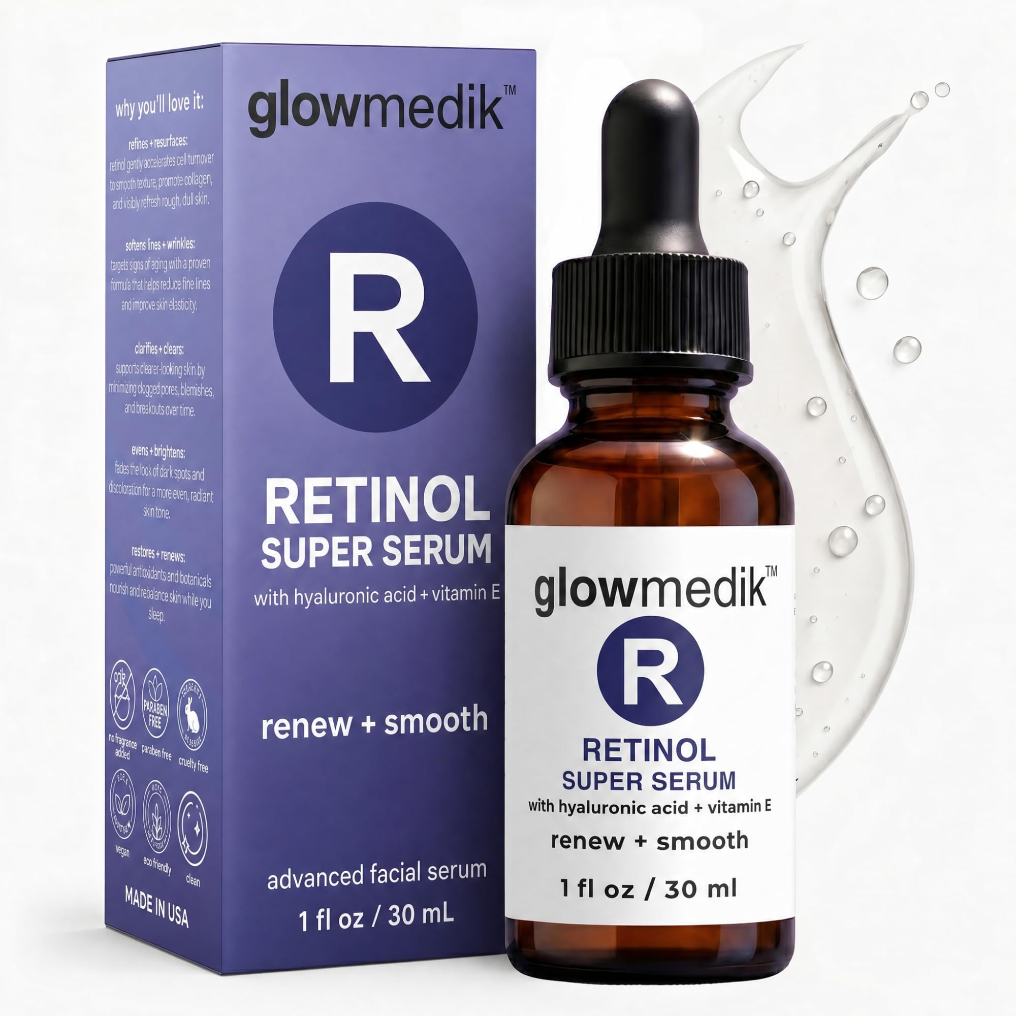 Retinol Booster Serum For Face with Hyaluronic Acid, Vitamin E & - Product Imagery
