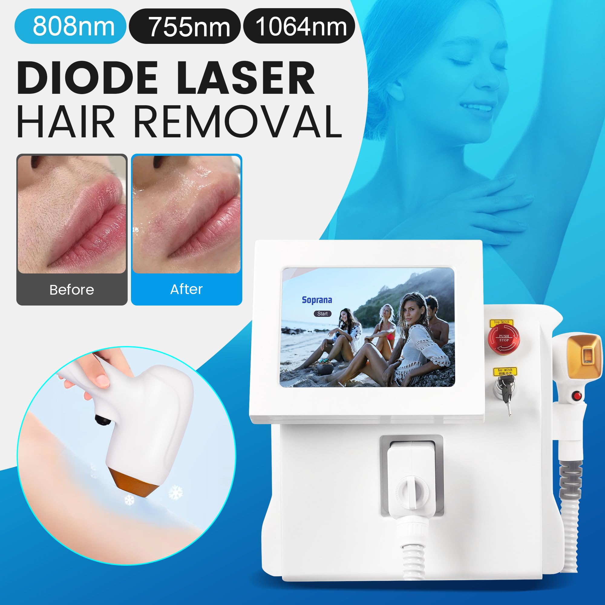 Generic 808nm hair removal machine for arms, legs, and bikini line, used for safe, effective beauty hair reduction.