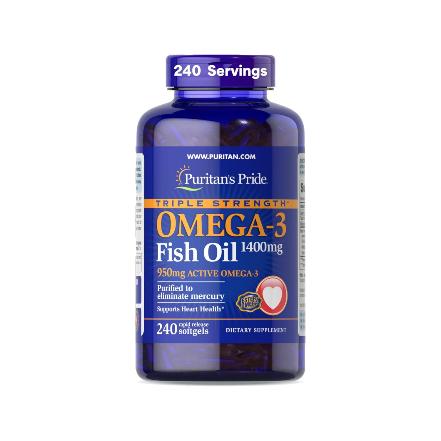 Puritan's Pride Triple Strength Omega-3 Fish Oil bottle with 1400mg, showing the label and supplement capsules inside