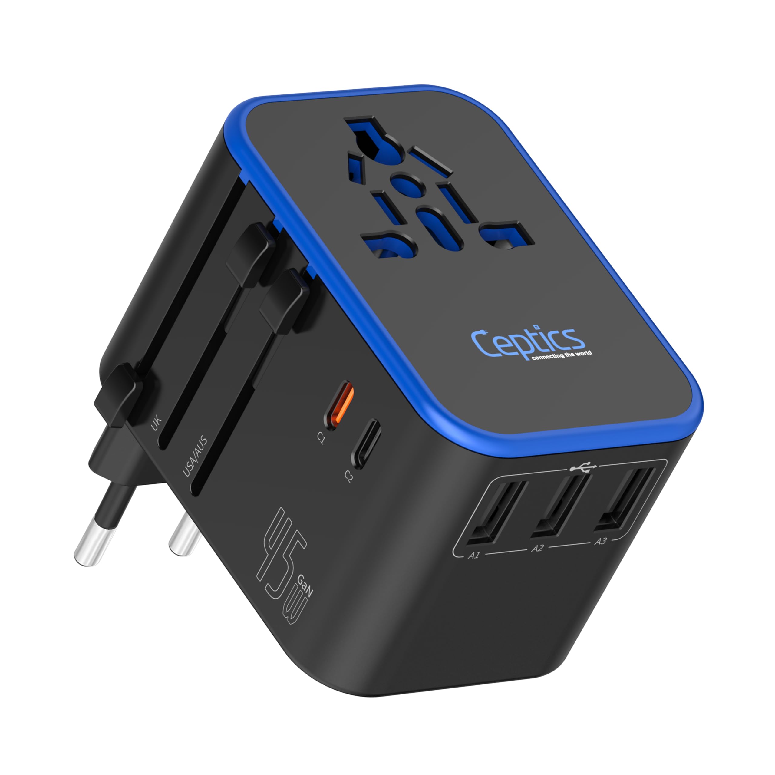 Ceptics 45W Universal Travel Adapter w/ 3 USB-A, 2 USB-C & Univer by Ceptics - Angle View 1