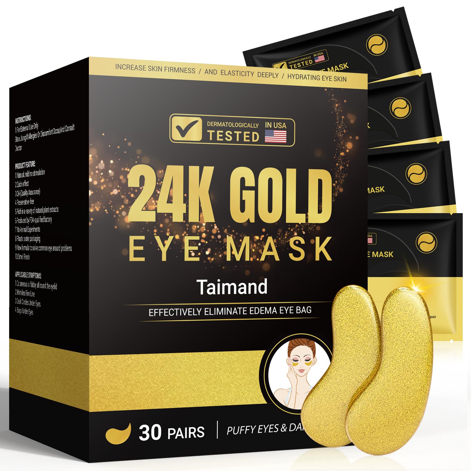 Under Eye Patches (30 Pairs), 24K Gold Eye Mask for Dark Circles - Product Imagery