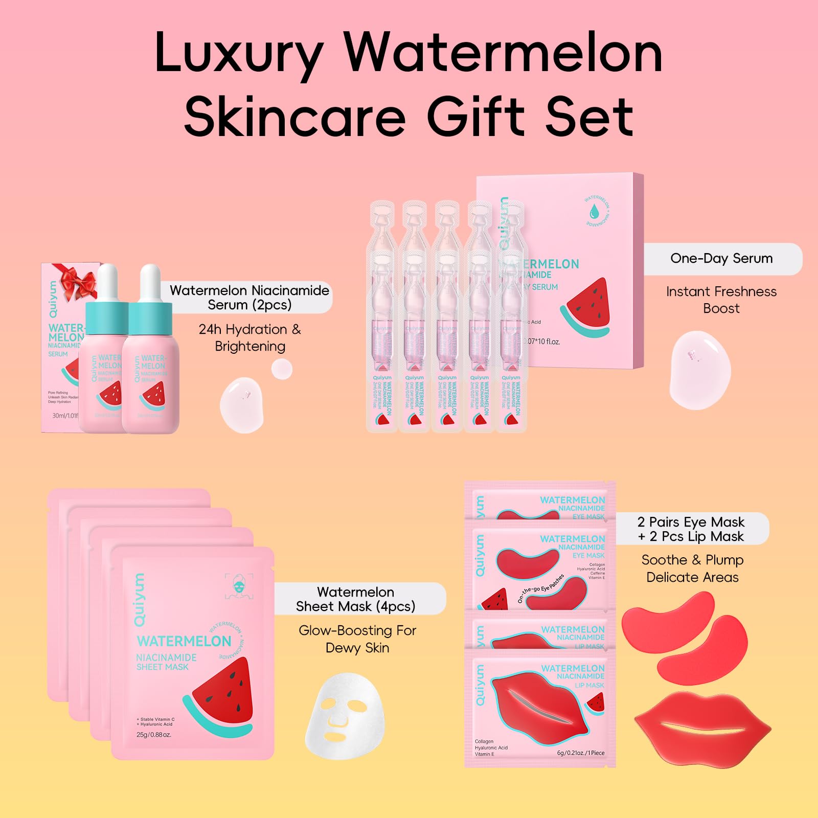 Watermelon &amp; Niacinamide Skincare Set for Women Teens Girls, - QUIYUM