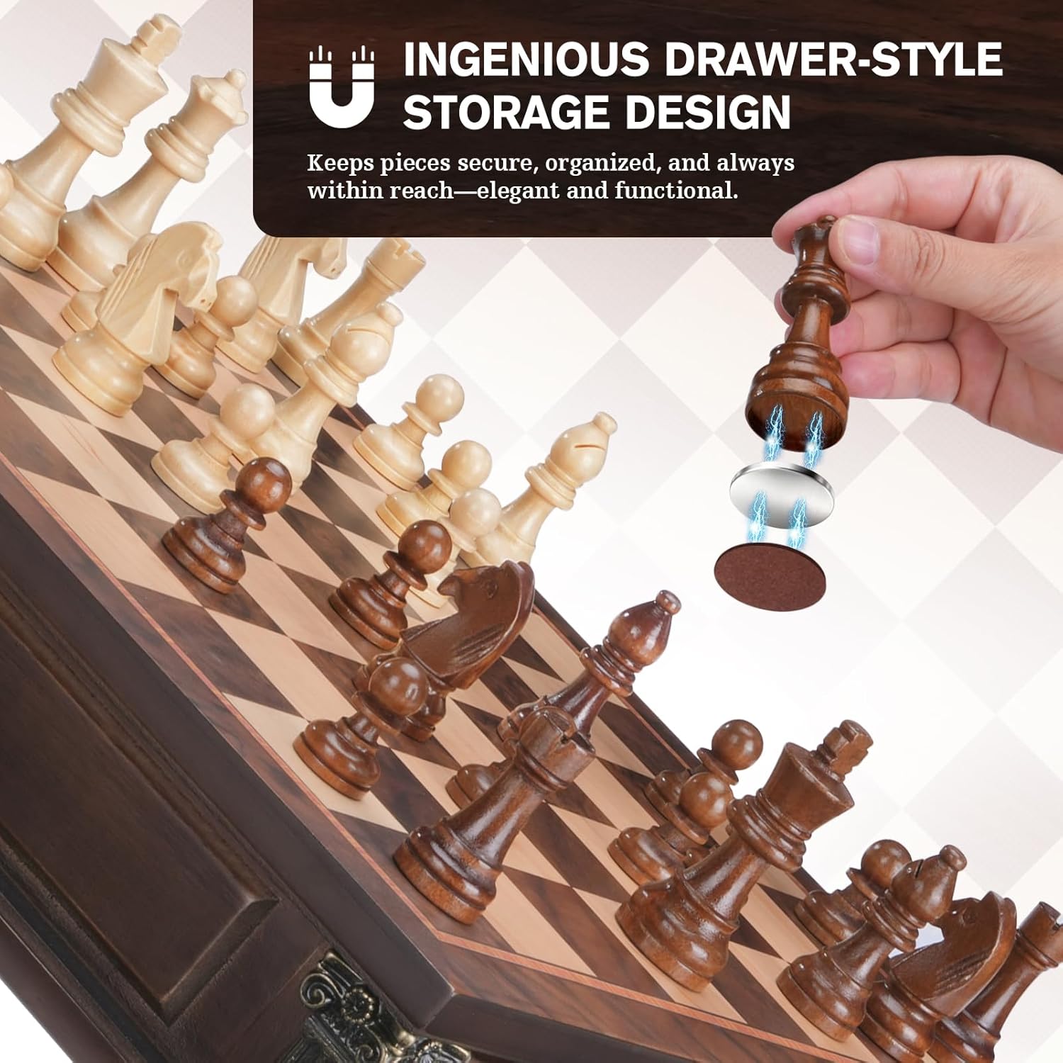 Peradix magnetic wooden chess set with 15-inch board and built-in storage drawers, featuring black and white chess pieces.