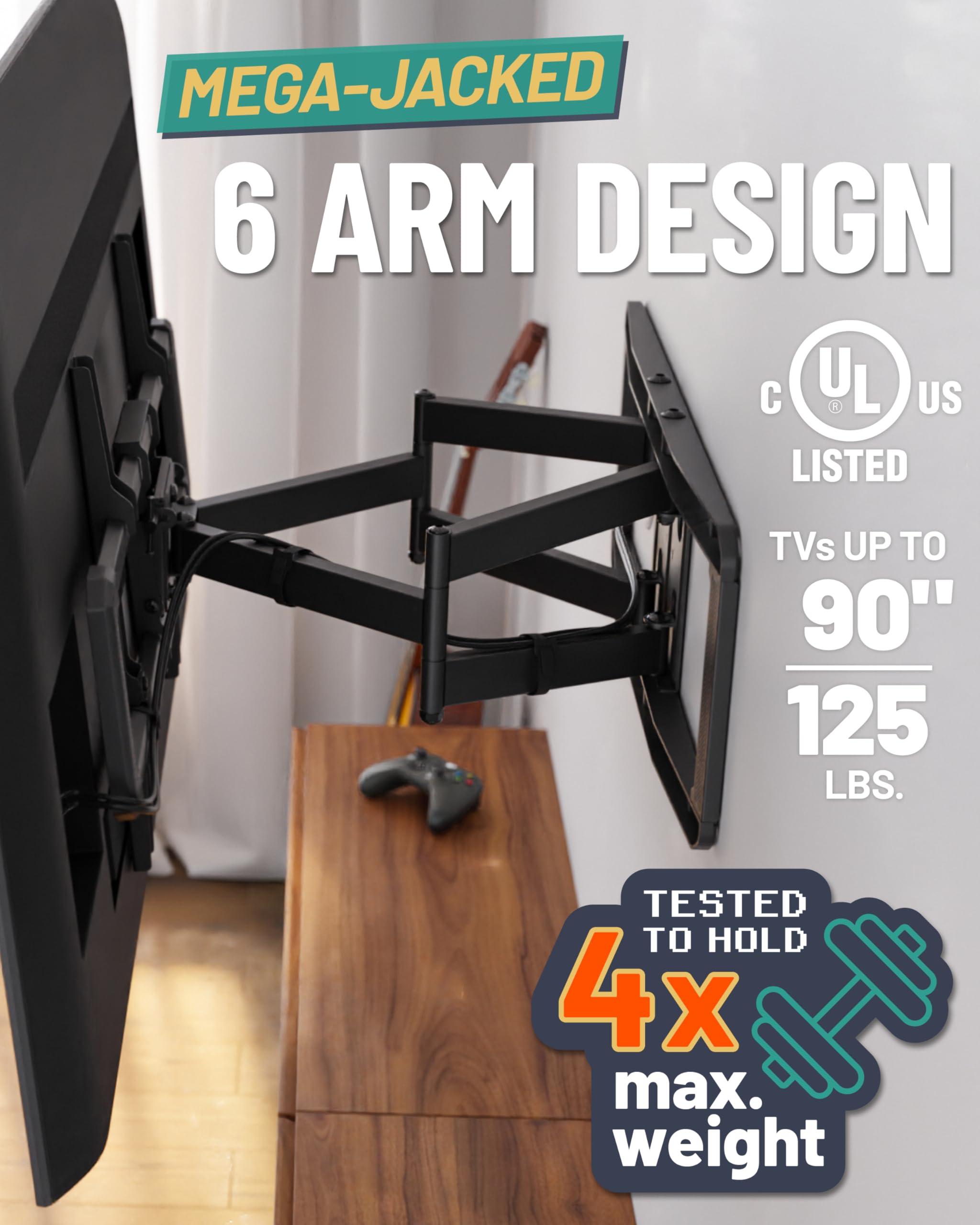ECHOGEAR MaxMotion TV wall mount for large 42-90 inch flat-screen TVs, full motion swivel, tilt, and extension, universal fit.