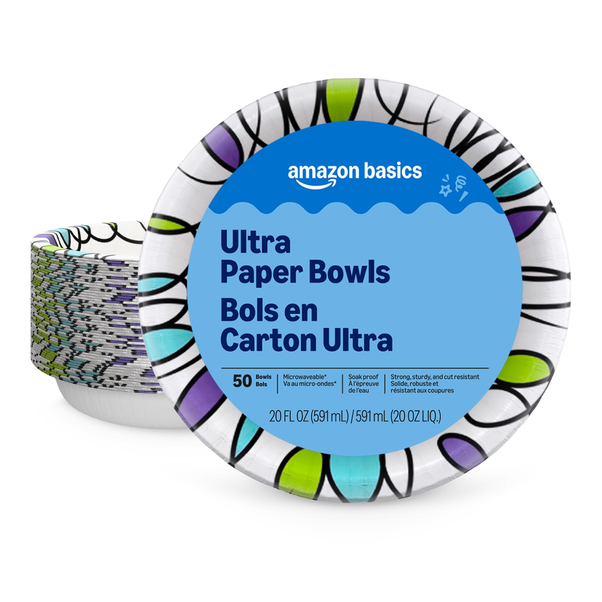 Amazon Basics Ultra Disposable Paper Bowls, 20 Oz, Microwave - Product Imagery