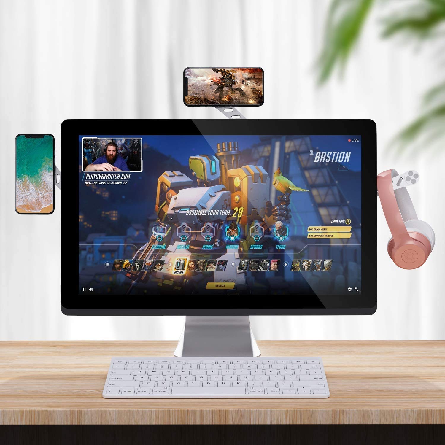 DK177 magnetic phone holder attached to a laptop monitor, silver, slim portable design, foldable computer expansion bracket for all phones.