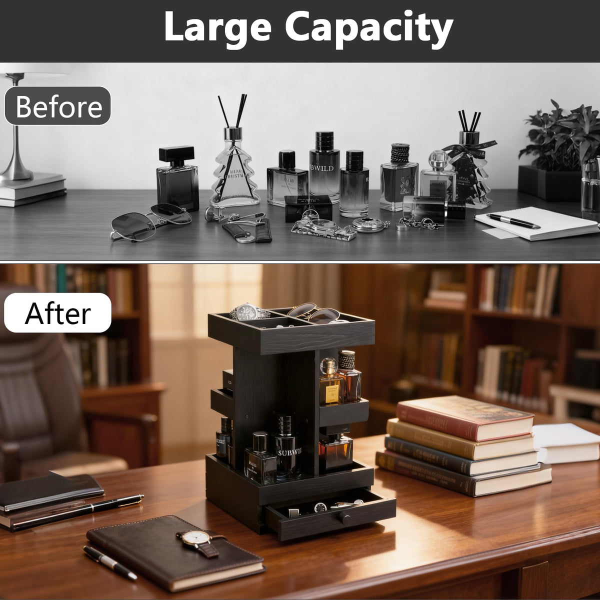 Rotating Cologne Organizer for Men Black Wooden Perfume - VYNOPA Official Imagery - 5