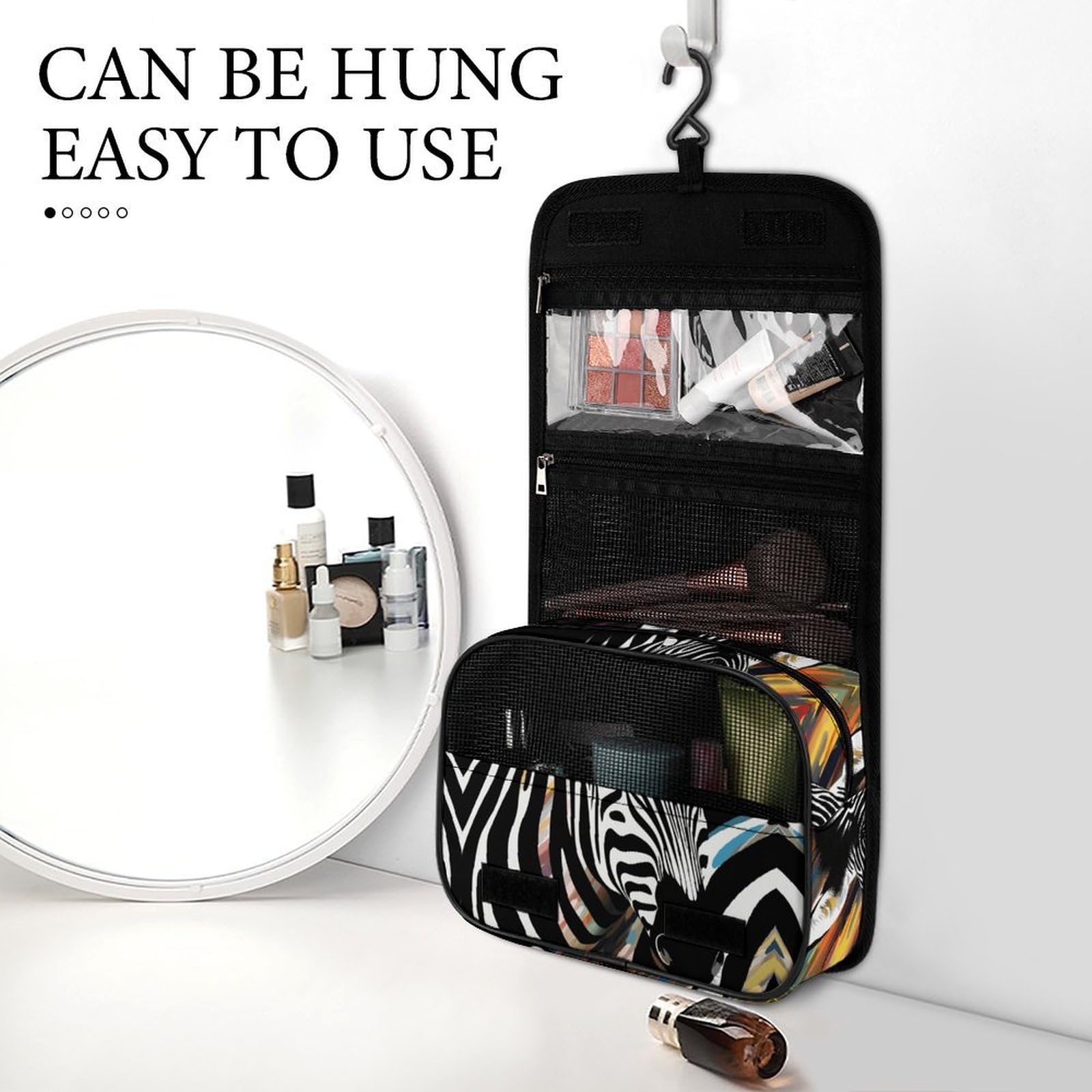 JTREHY abstract animal zebra hanging toiletry bag with multiple compartments, lightweight polyester travel cosmetic organizer with hook