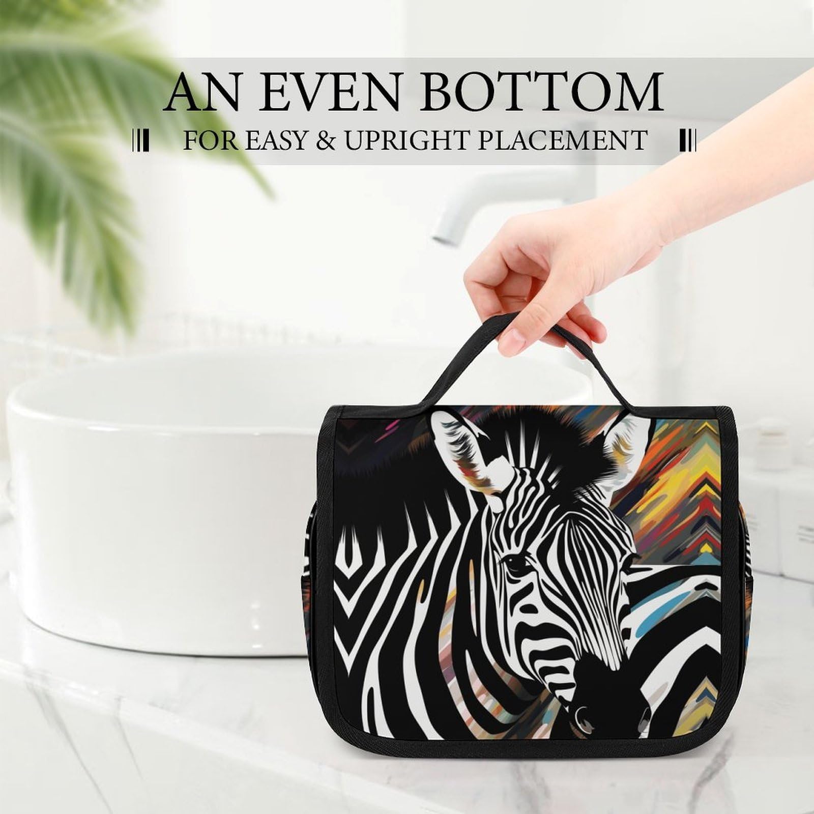 JTREHY abstract zebra design cosmetic case with hook, lightweight polyester travel toiletry bag featuring multiple compartments for toiletries.