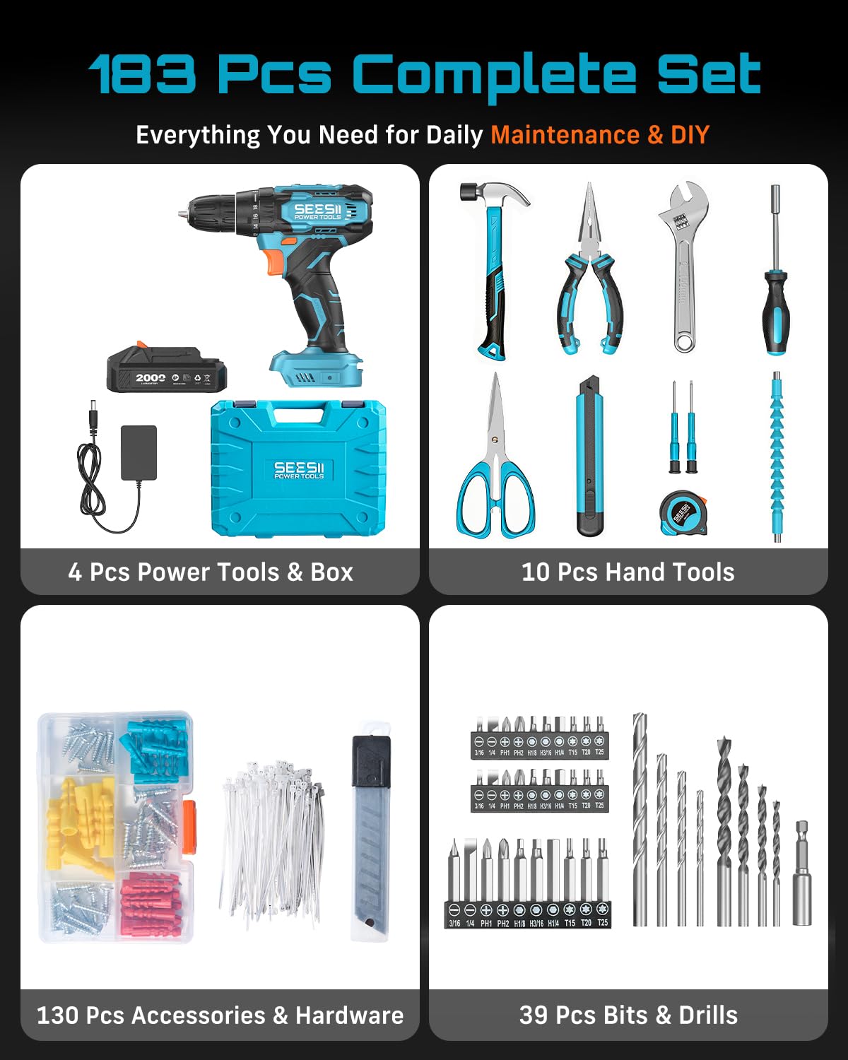Seesii 20V Power Drill Set 183Pcs Tool Kit with Toolbox for - Seesii Official Imagery - 4