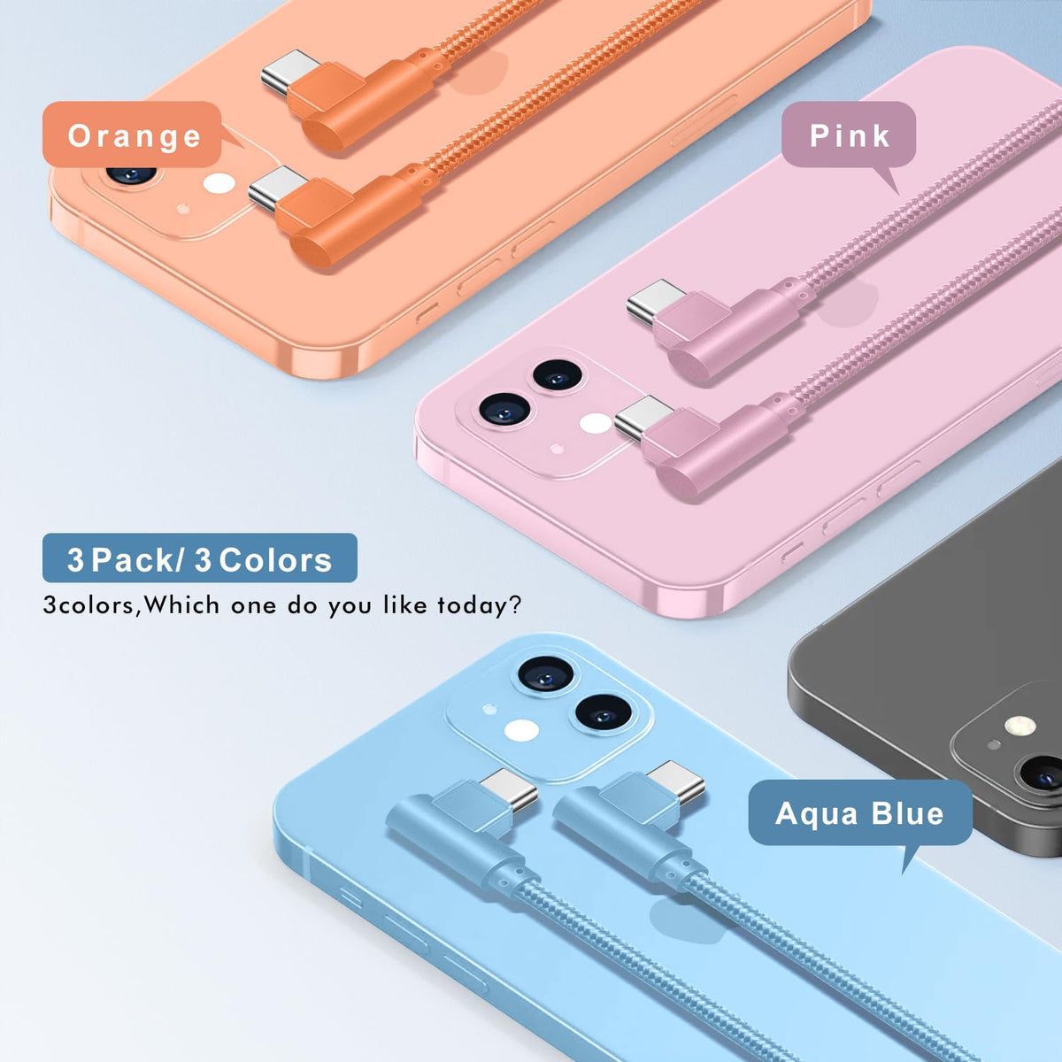 APFEN 10ft USB C cable with 60W fast charging, 90-degree connector, 3-pack, ideal for electronic device charging and data transfer.