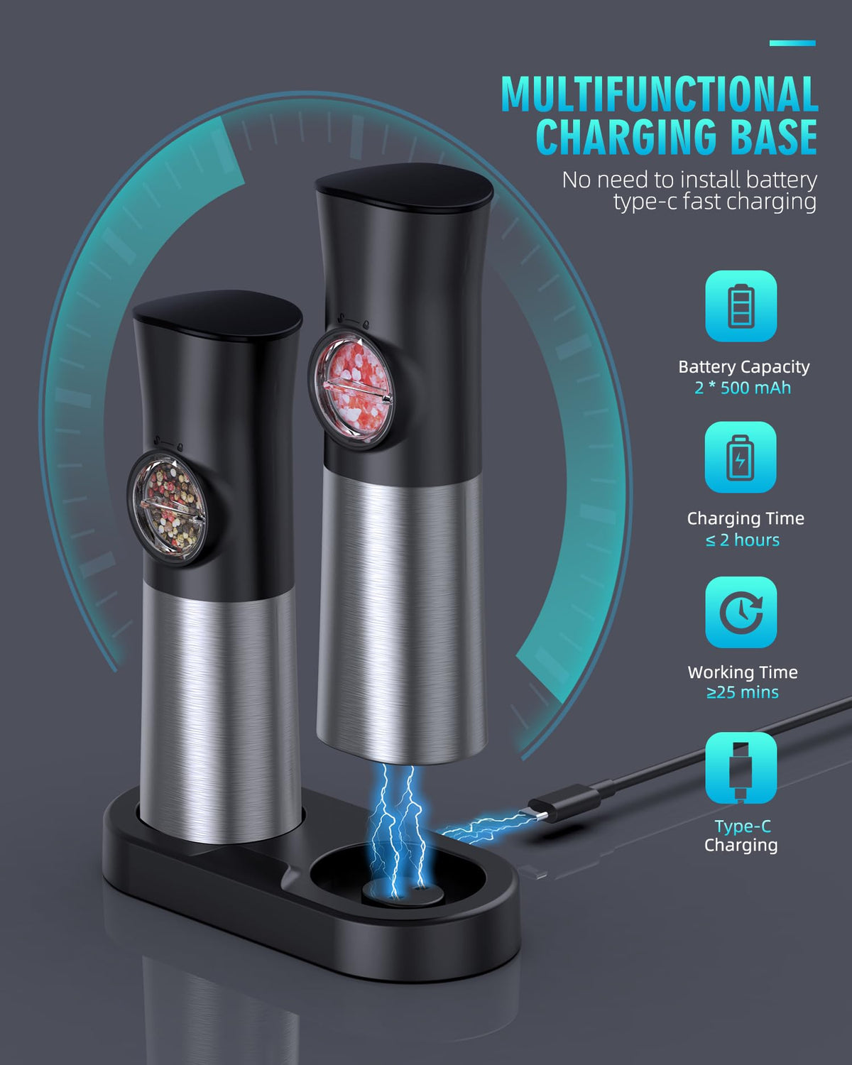 Gravity Electric Salt and Pepper Grinder Set USB - FAOGO Official Imagery - 3
