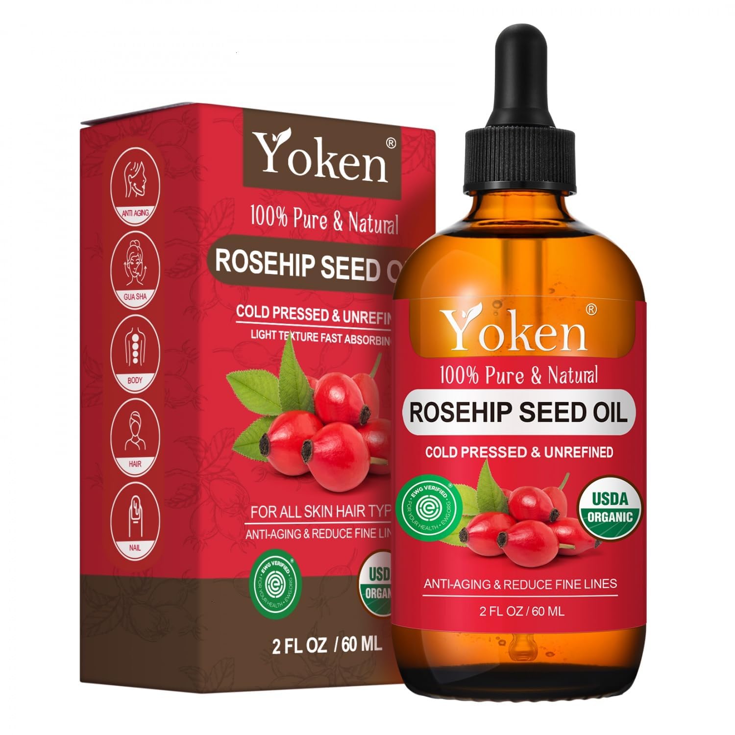 Yoken Organic Rosehip Seed Oil for Face, Skin & Hair, Cold - Product Imagery