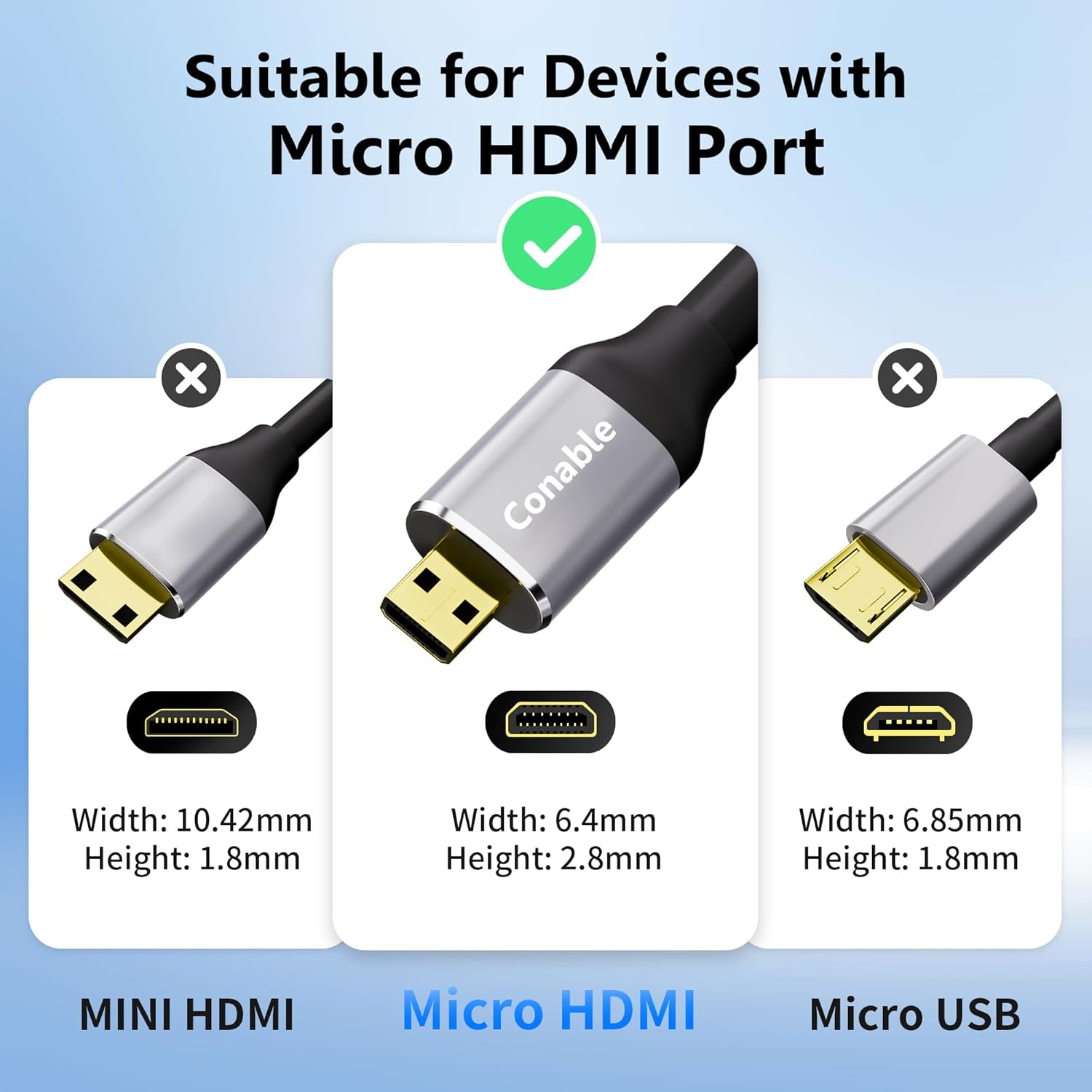 Conable 20 ft high-speed Micro HDMI to HDMI cable showing full length and connector details.