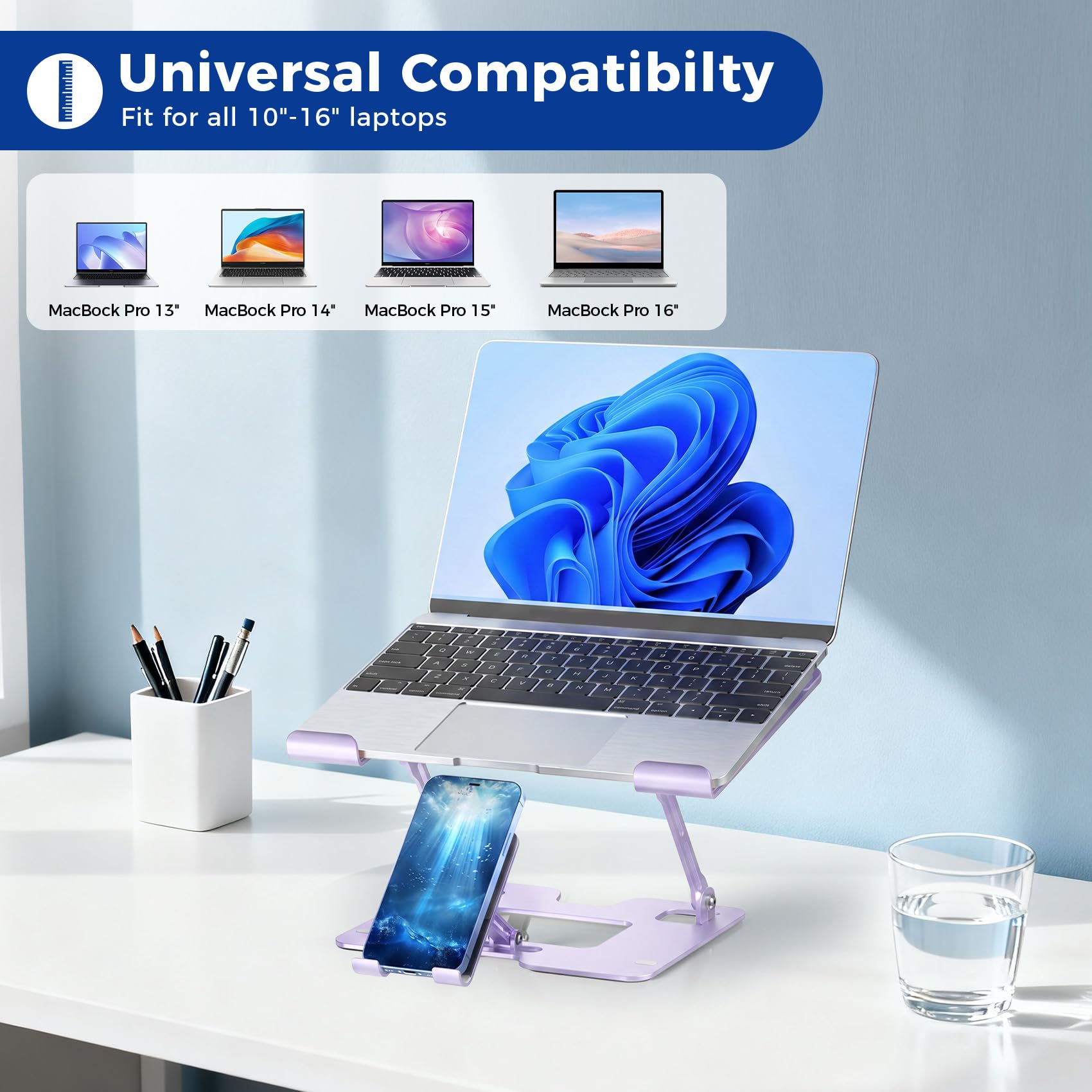 Purple Lajou portable ergonomic 2-in-1 laptop and phone stand with adjustable height and sturdy design for desks.