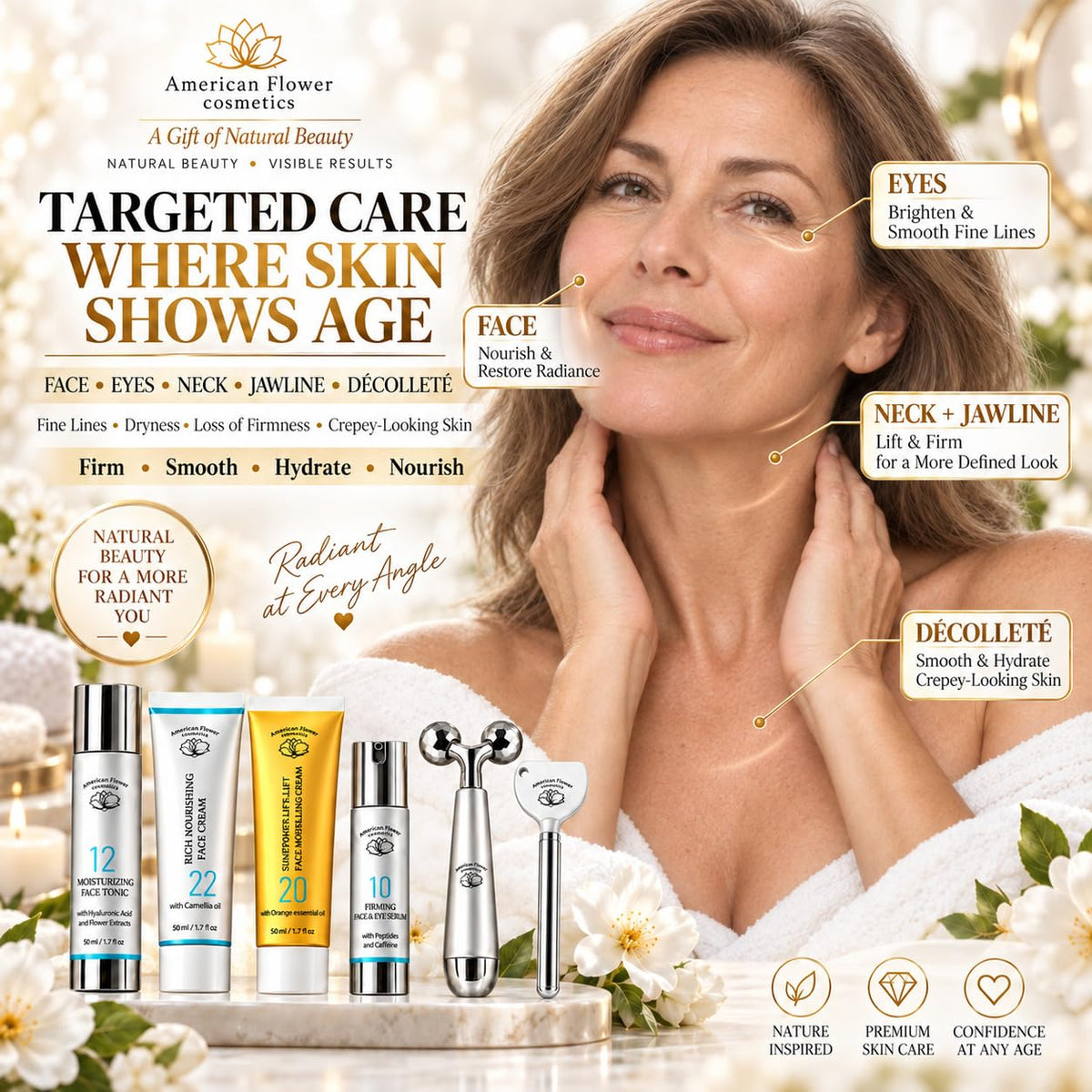 6 Piece Anti Aging Skincare Set Firming Face Care Gift Set - AMERICAN FLOWER COSMETICS Official Imagery - 4