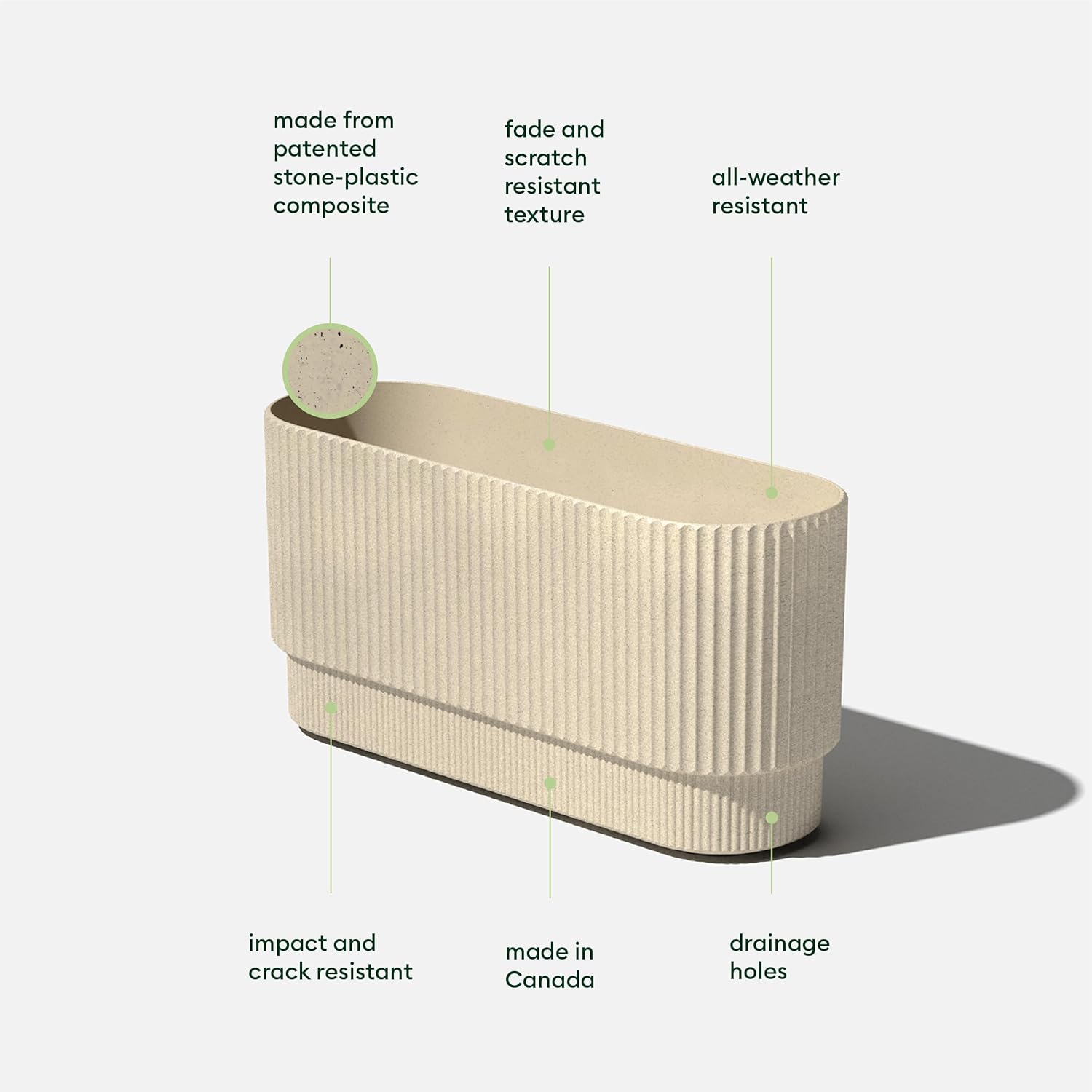 Beige planter with text highlighting features on a white background